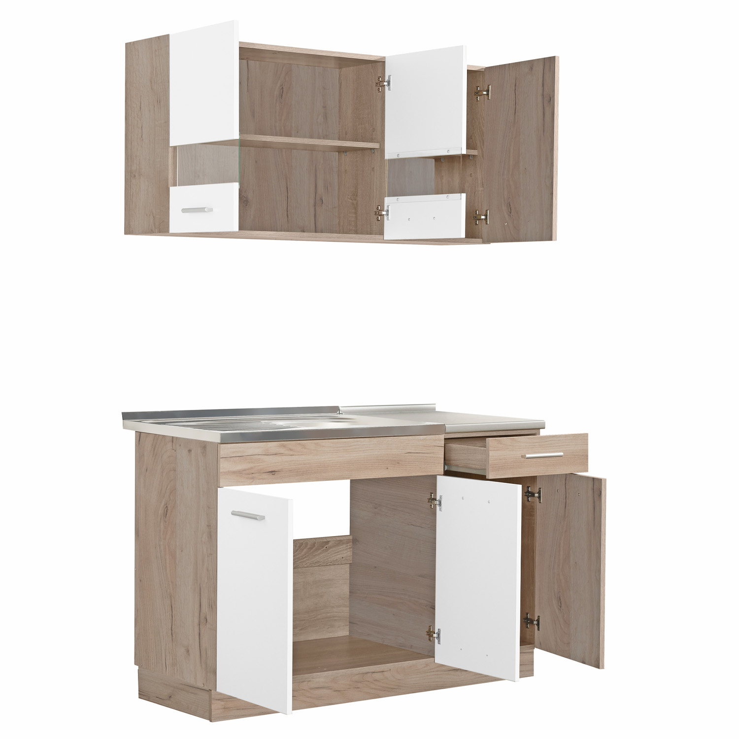 120 cm kitchen unit (without appliances or sink) – White & Oak – Light-colored mini kitchen