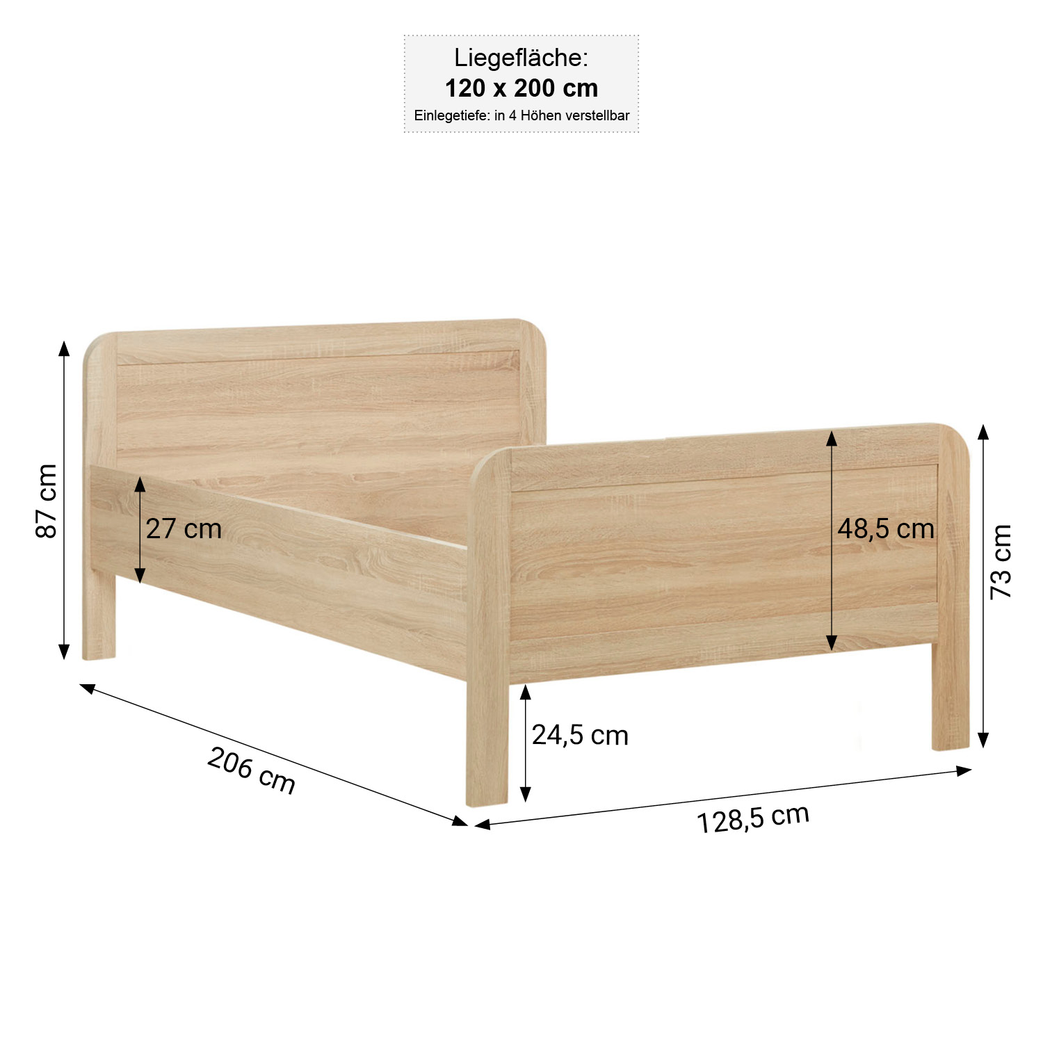 Comfort Bed 120x200 cm Natural | Senior Bed Height Adjustable with Slatted Frame | Double Bed | Wood