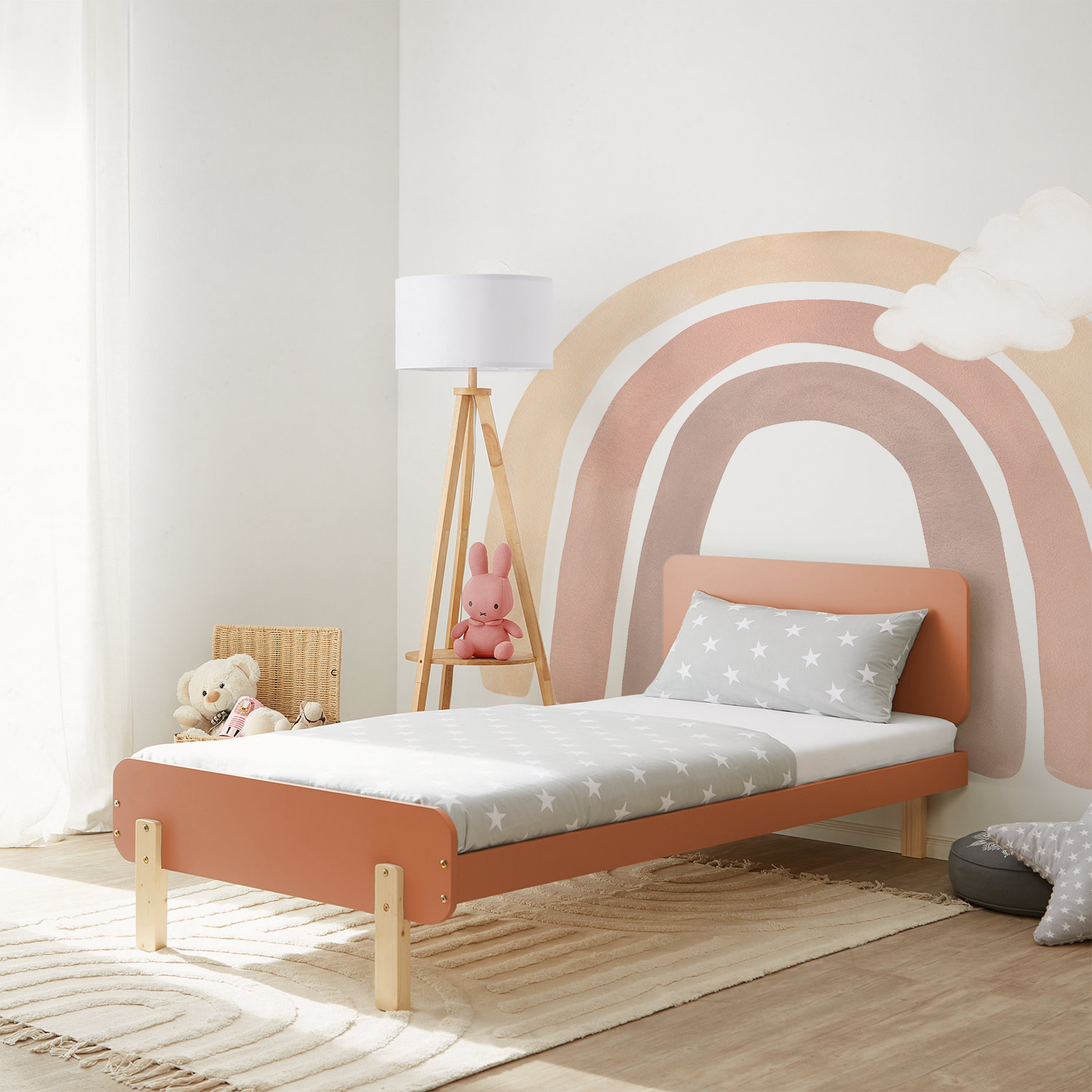 Wood Bed 90x200 cm Red Natural | Retro Bed | Single Bed | with Slatted Frame | Kids Youth Guest Bedroom