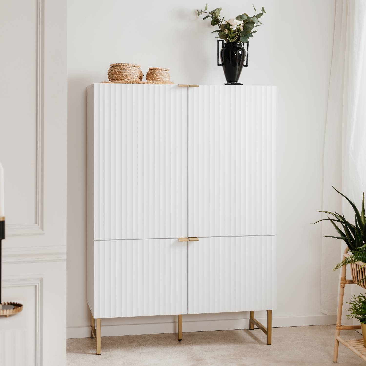 Highboard Sideboard White Wood Storage Cabinet Buffet Credenza Living Room Cupboard