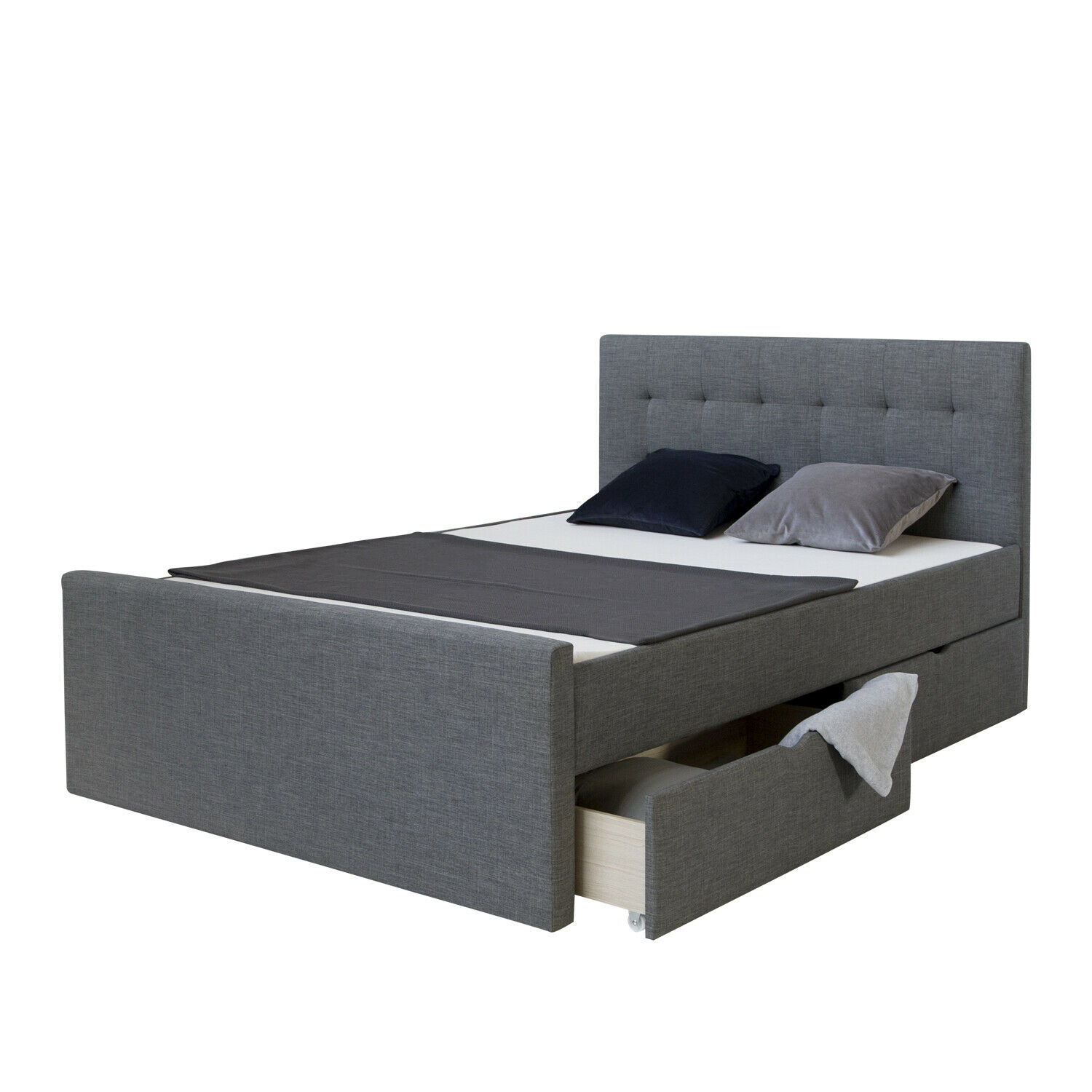 Upholstered Bed 160x200 Grey Frame Slatted Frame 2 Drawers