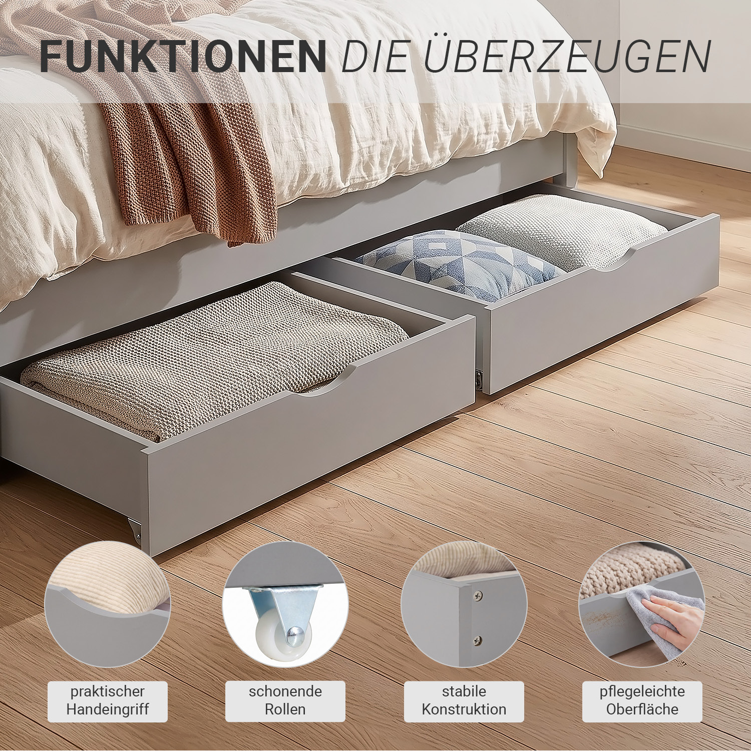 Wooden Bed 140x200 cm, Gray, with Storage Compartment & Slatted Base – Solid Wood Double Bed