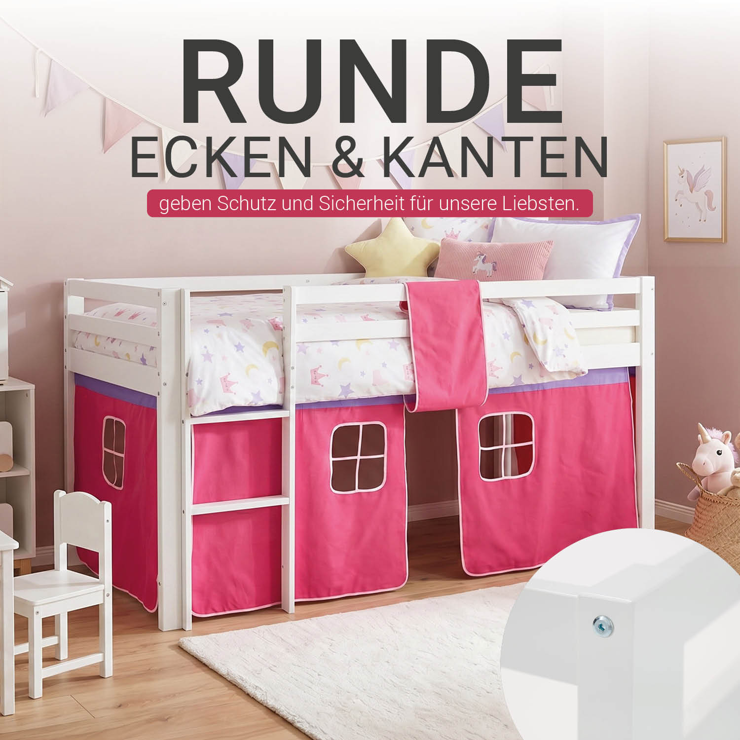 Loft Bed Kids 90x200 cm White with Curtain in Pink | without Slatted Frame