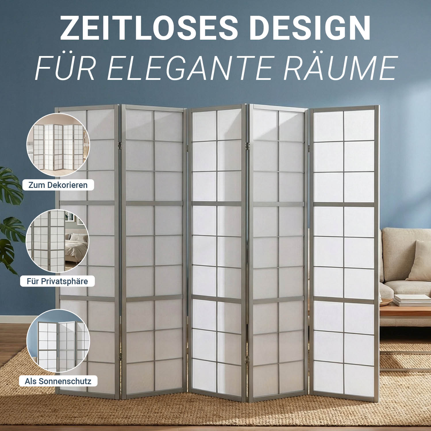 Paravent Grey Shoji | 5-panel | Wood | Room Divider | Partition Privacy Screen