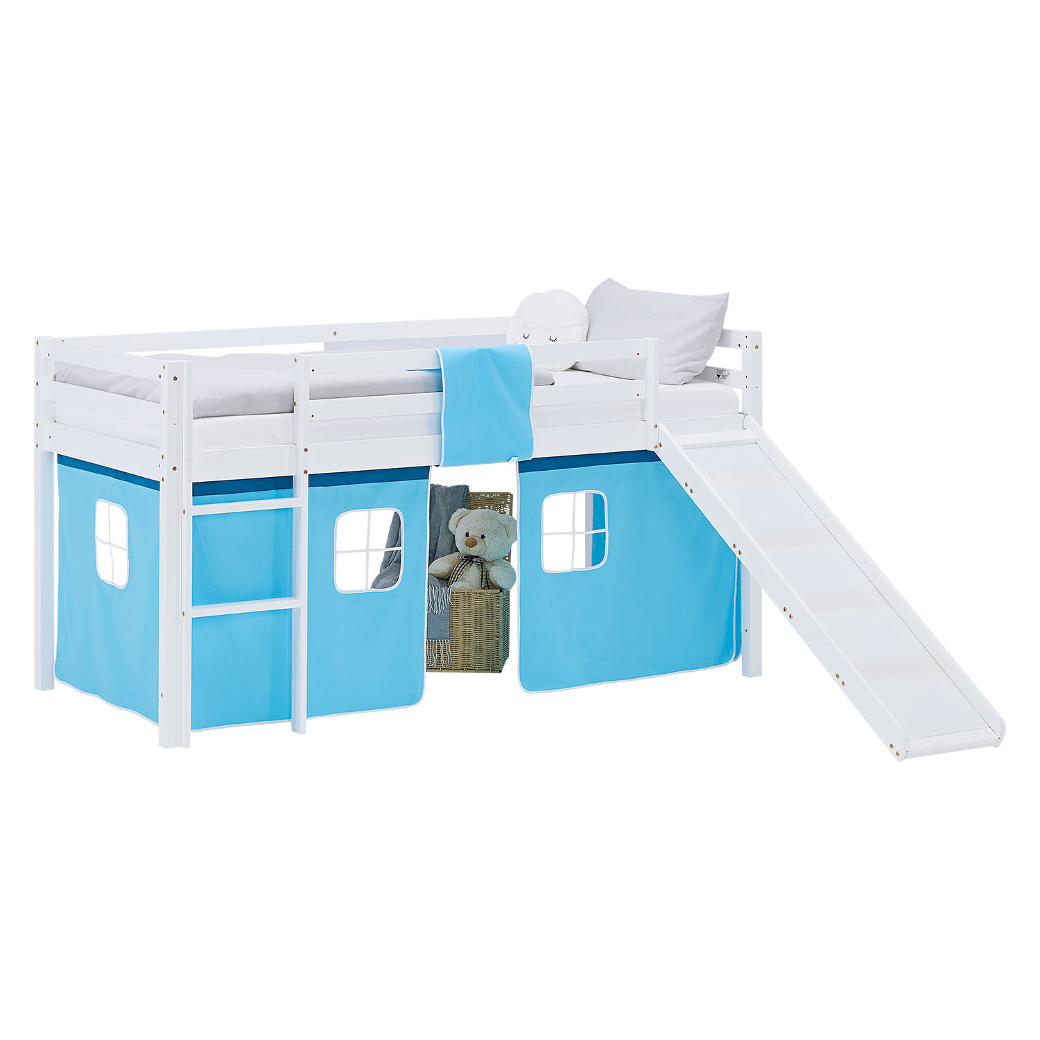 Loft Bed for Kids 90x200 cm White with Curtain in Blue | Slide | with Slatted Frame and Mattress