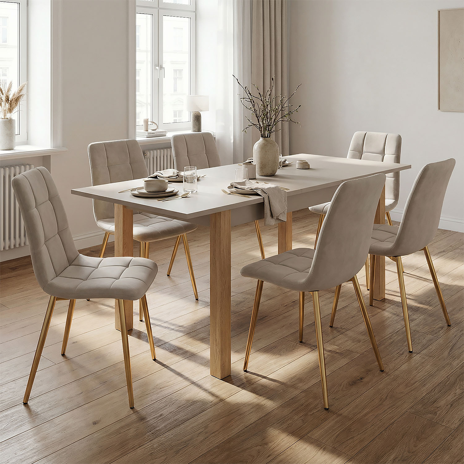 Modern Dining Table Kitchen Table Wooden Table 160x80 cm Beige Grey 8 Seater Extendable