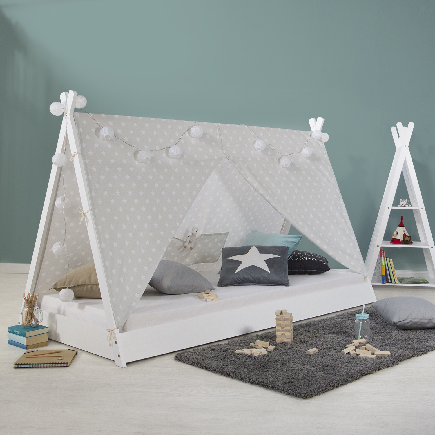 Children bed tipi with mattress tent bed 90x200 youth bed white grey canvas stars