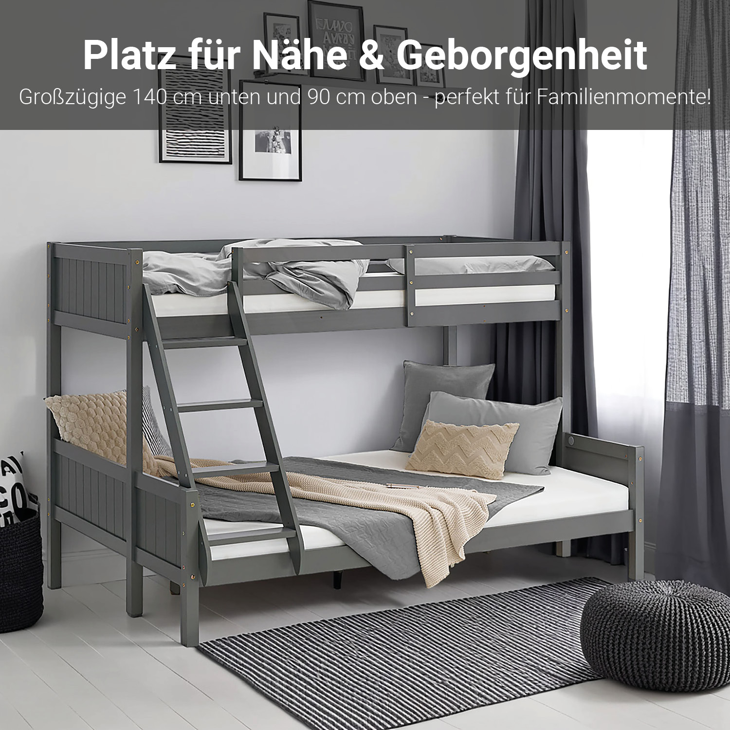 Bunk Bed with 2 Mattresses 90x200 and 140x200 cm Kids Bed Grey Wood Cabin Bed High Sleeper Bed Loft Bed Childrens Bed Twin Bed