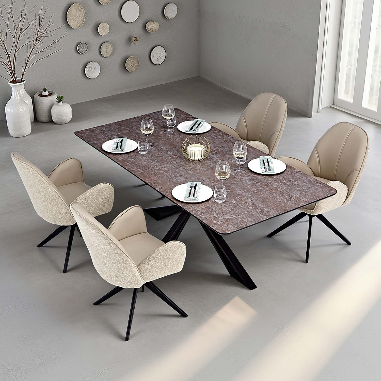 Dining set | 4-piece set upholstered chairs beige bouclé Leder with armrest | swivel | dining table brown metal frame 200 x 100 cm