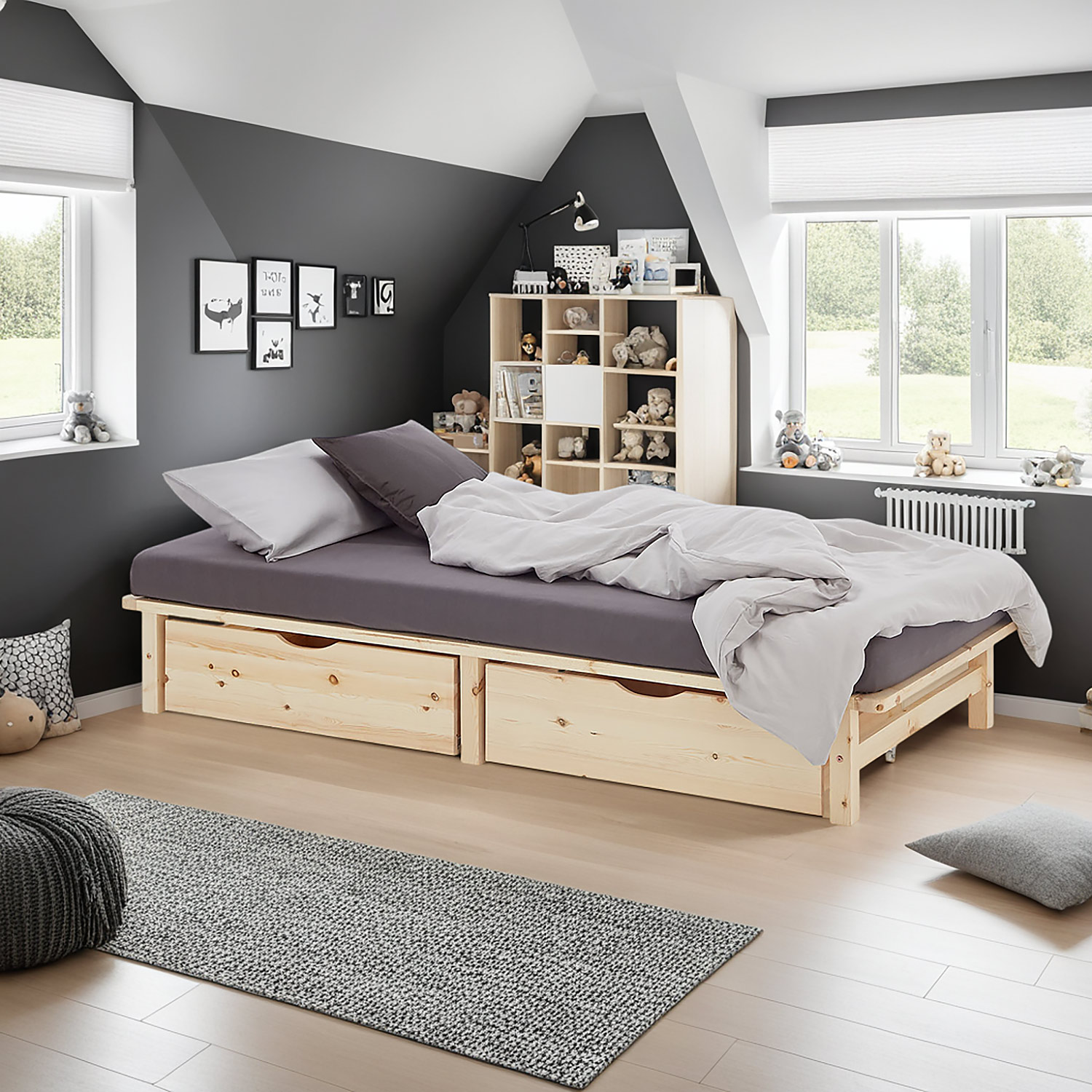 Pallet Bed 90x200 cm Natural | Single Bed with Storage Drawers | with Mattress | Wood | Kids Youth Guest Bedroom