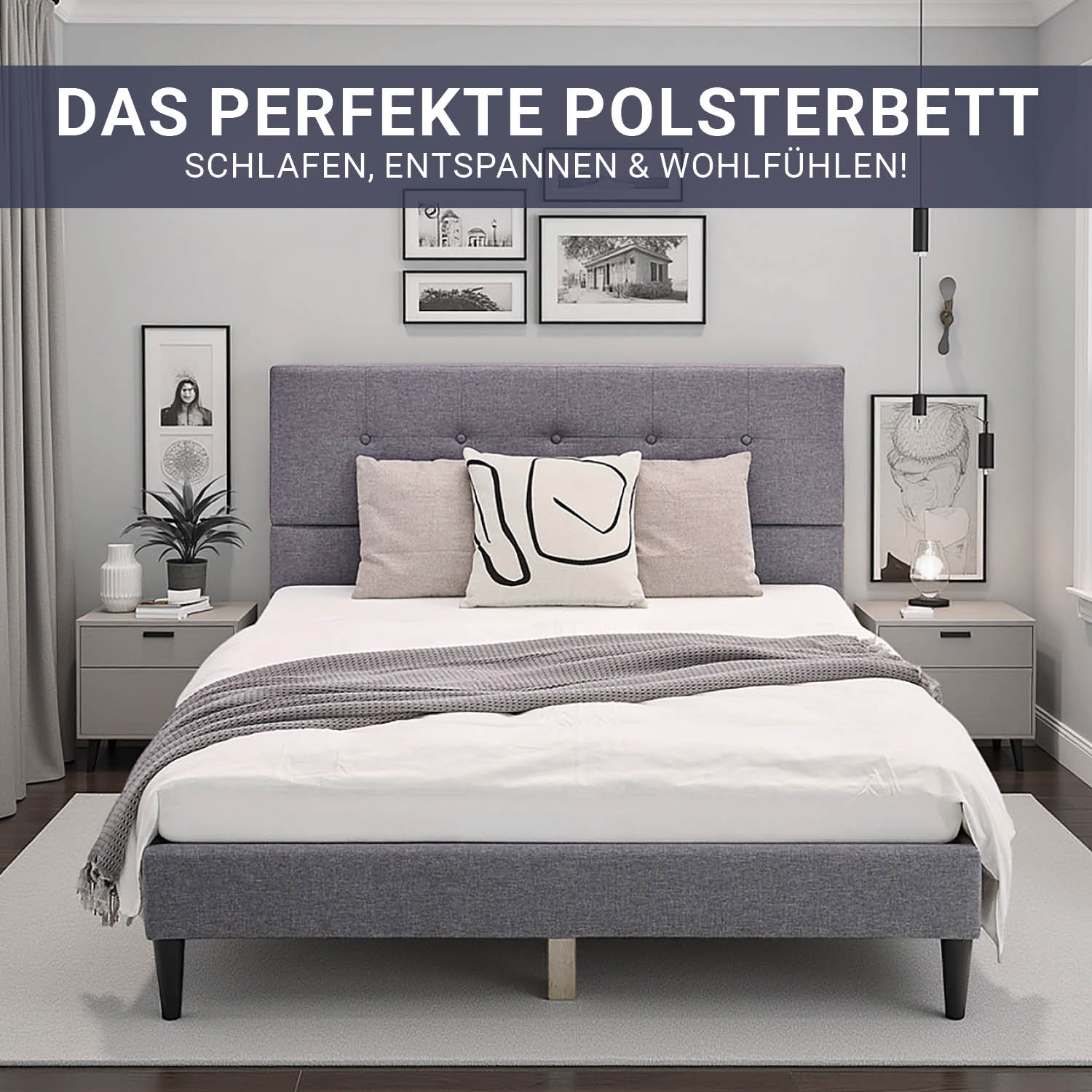 Upholstered Bed 140x200 cm Gray with Slatted Base & Mattress – Modern Fabric Bed for Restful Sleep
