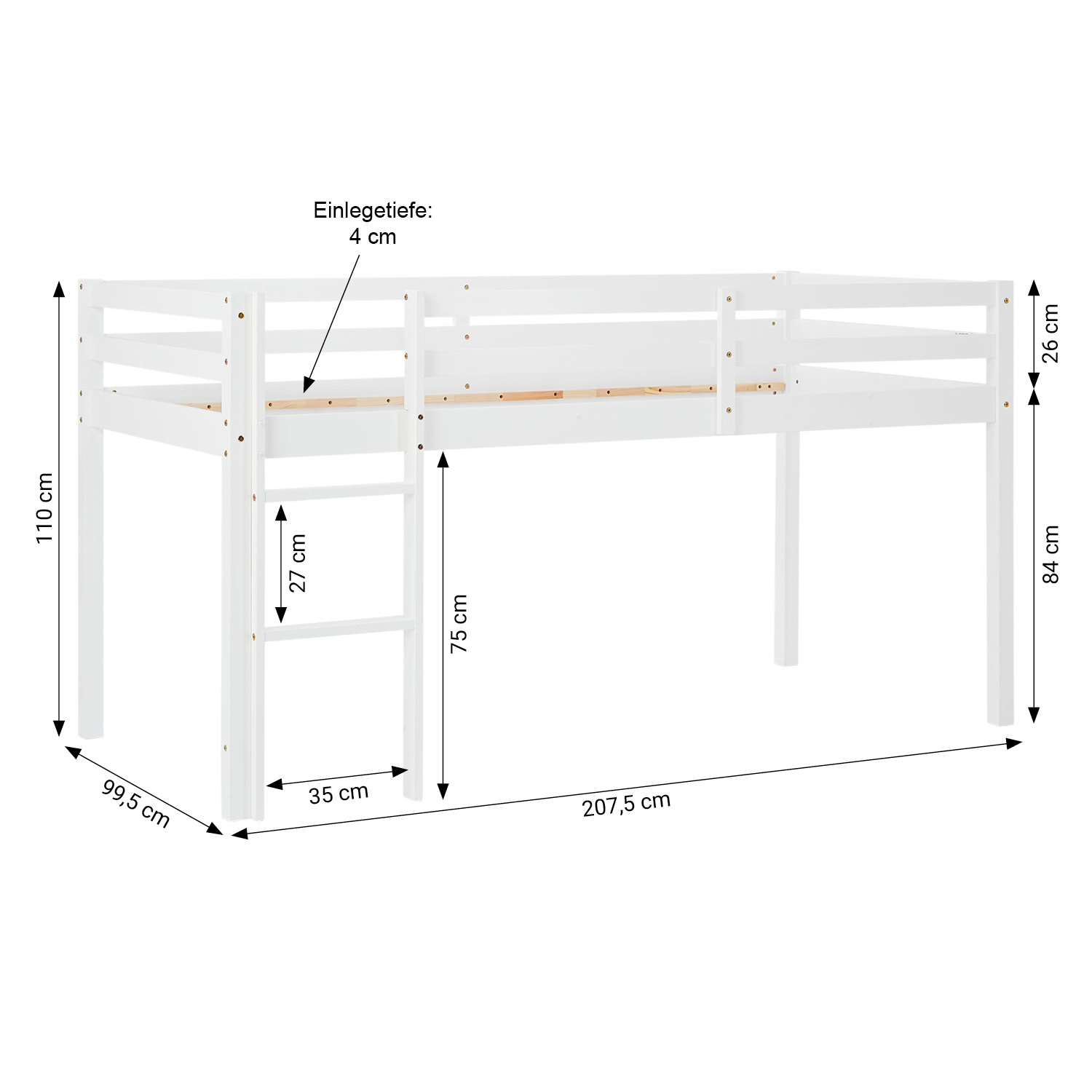 Children's Loft Bed 90x200 cm, White with Blue Curtain | Tunnel | Without Slatted Base