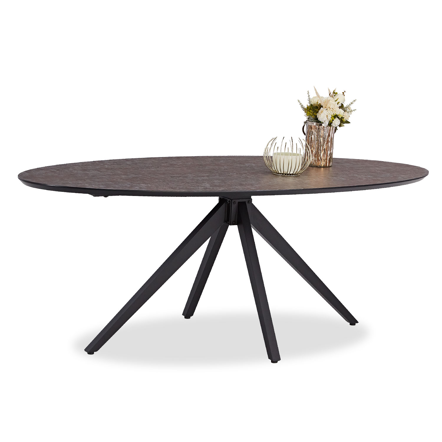 Dining set | 4-piece set upholstered chairs beige bouclé Leder with armrest | swivel | dining table brown metal frame oval 200 cm