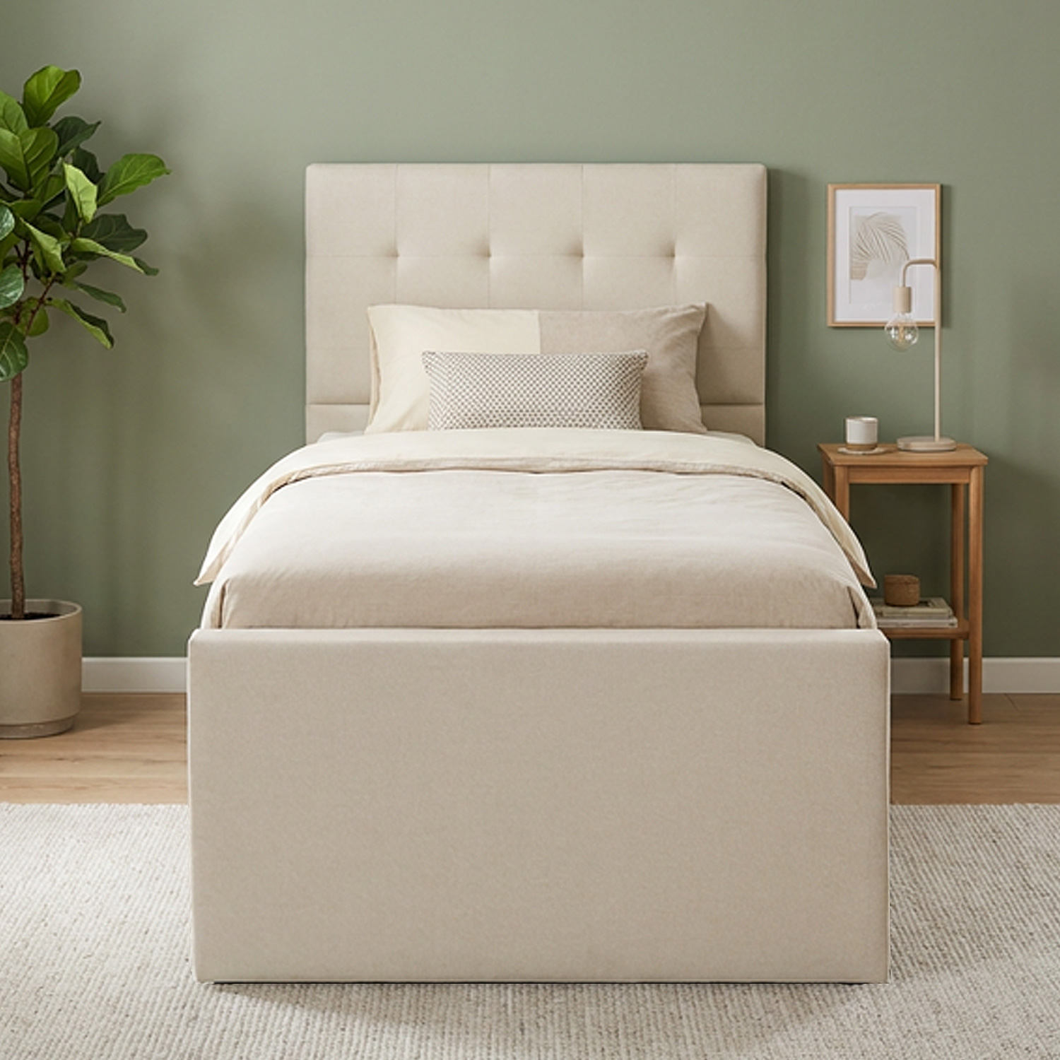 Upholstered bed 90x200 cm beige | with slatted frame | with 2 bed drawers | single fabric bed frame