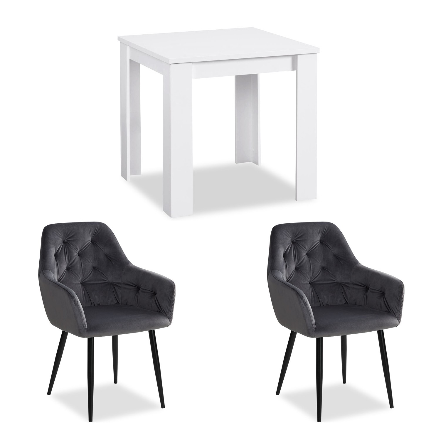 Dining set | 2-piece set upholstered chairs grey velvet with armrest | non-swivel | dining table white 80 x 80 cm