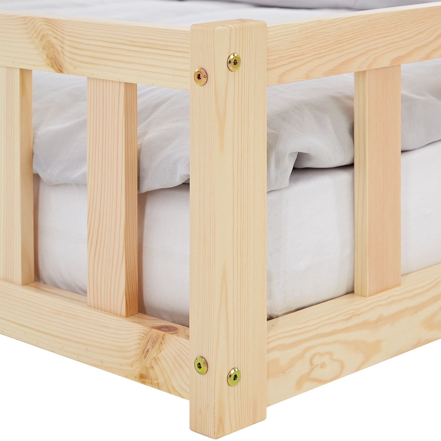 Children's Bed 120x200 Natural | Floor Bed with Slatted Frame | with Fall Protection | Montessori