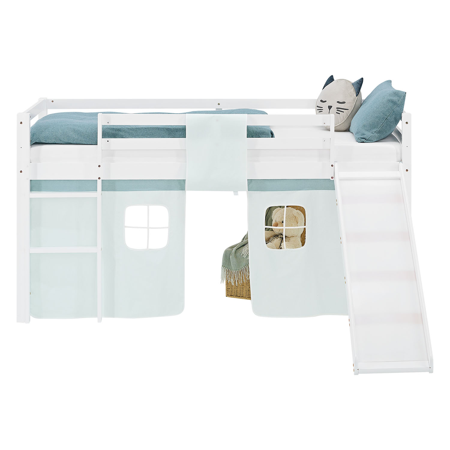 Loft Bed for Kids 90x200 cm White with Curtain in Mint Green | Slide | with Slatted Frame and Mattress