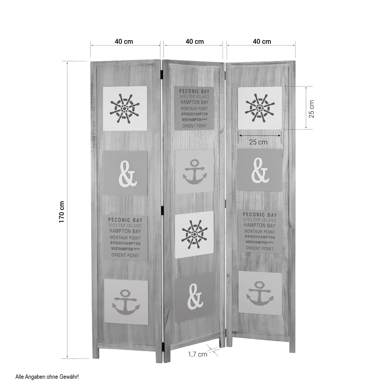 Paravent Natural Maritime Motifs | 3-panel | Wood | Room Divider Partition Privacy Screen