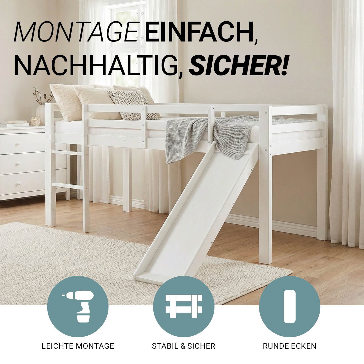 Loft Bed with Slats, Ladder and Slide 90x200 cm Children's Bed Bunk Bed High Sleeper Wood White