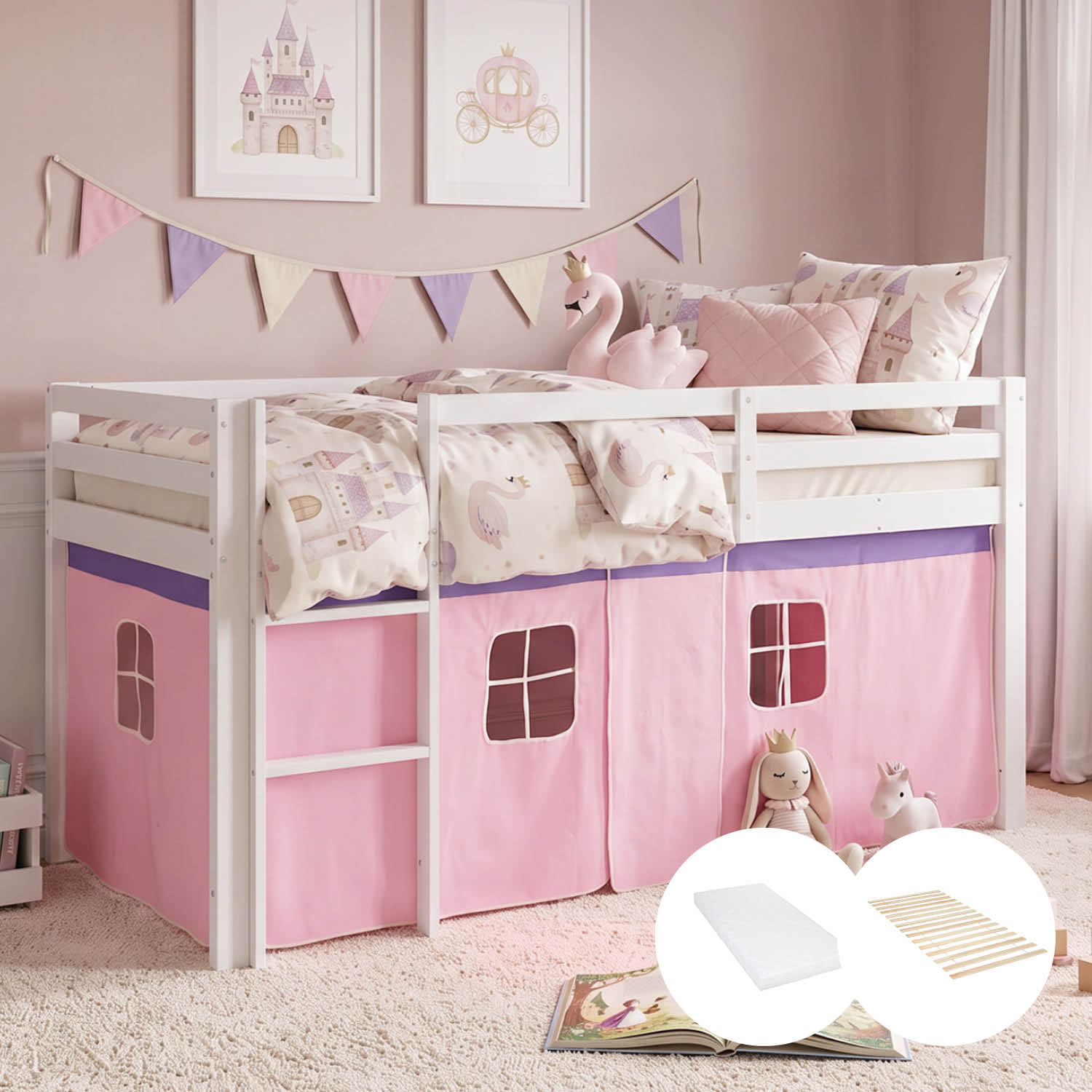 Children's Loft Bed 90x200 cm White with Pink Curtain | Includes Slatted Base | Includes Mattress