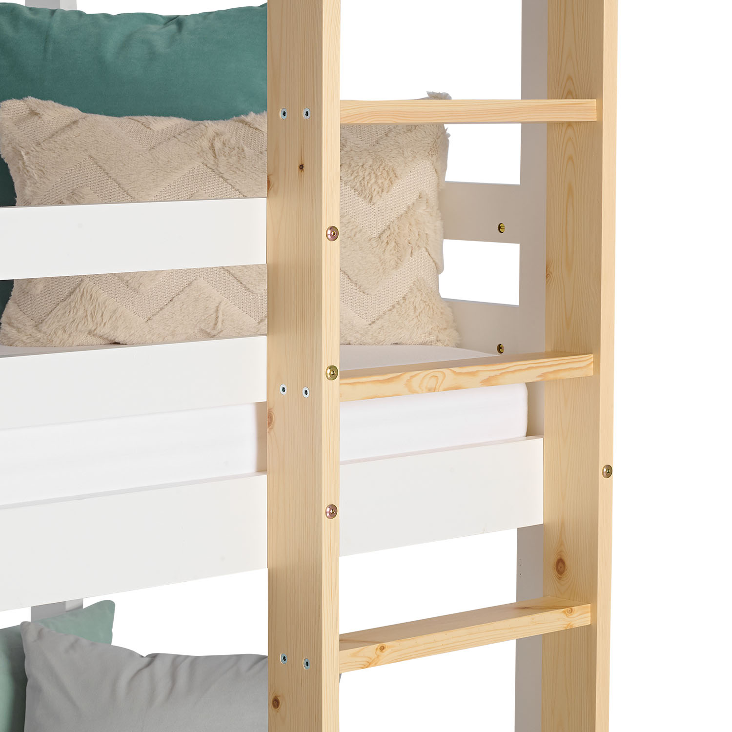 Bunk Bed 3 Levels 90x200 cm White | Ladders Natural | with Bed Drawer | with Slatted Frame