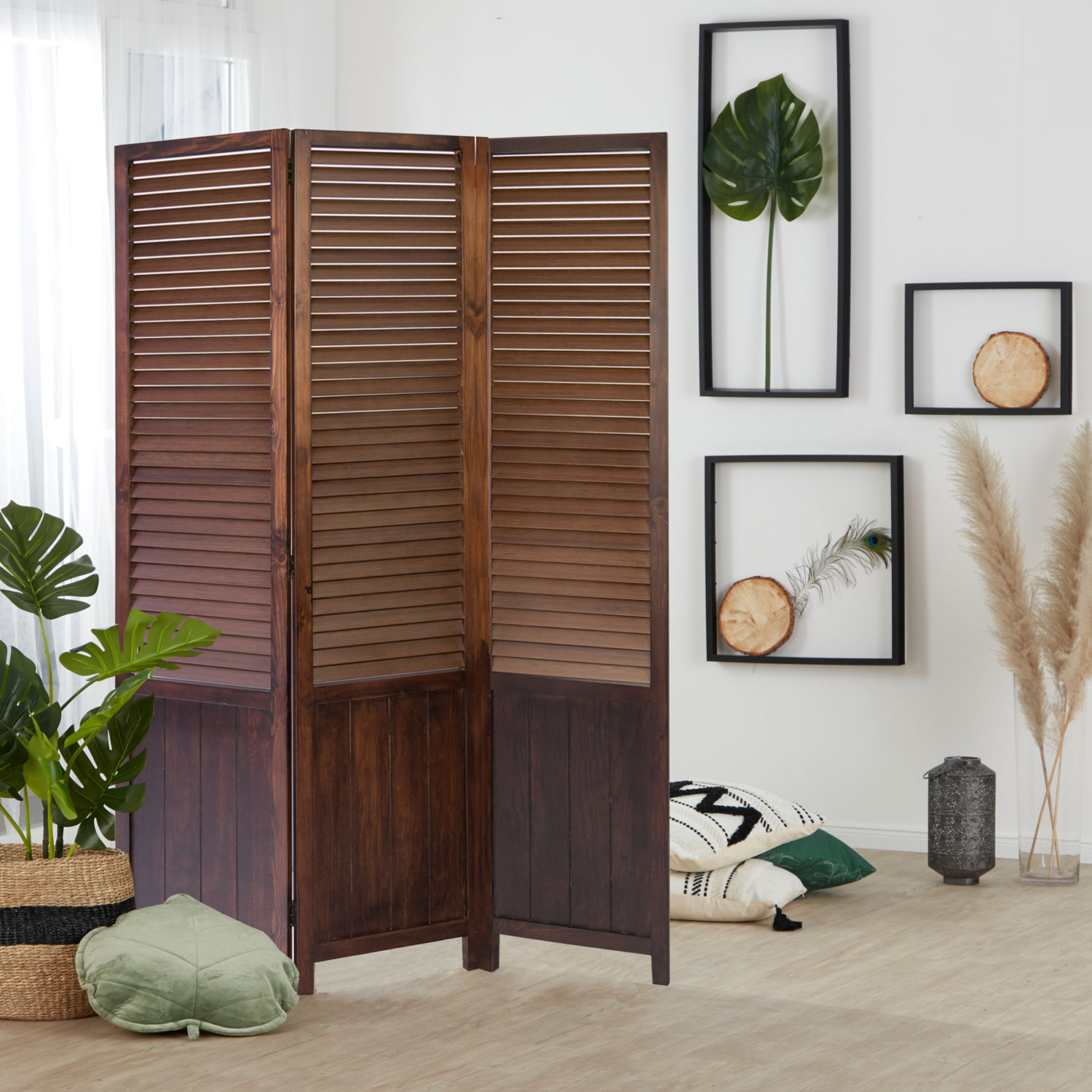 Paravent Brown Wooden Slats | 3-panel | Wood | Room Divider Partition Privacy Screen