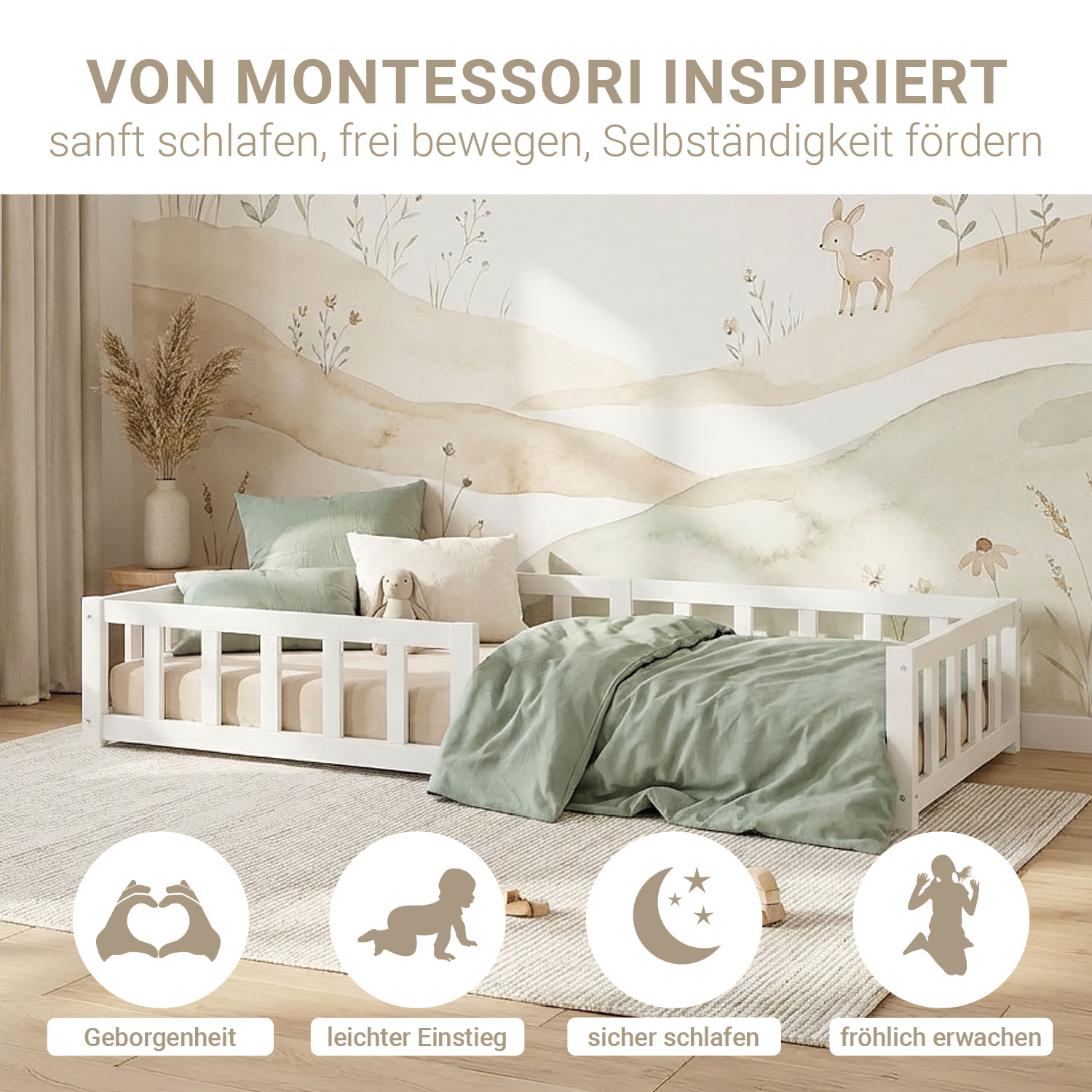 Montessori Crib 90x200 cm White, Includes Mattress & Slatted Base – Floor-Level Crib with Safety Rail Made of Solid Wood