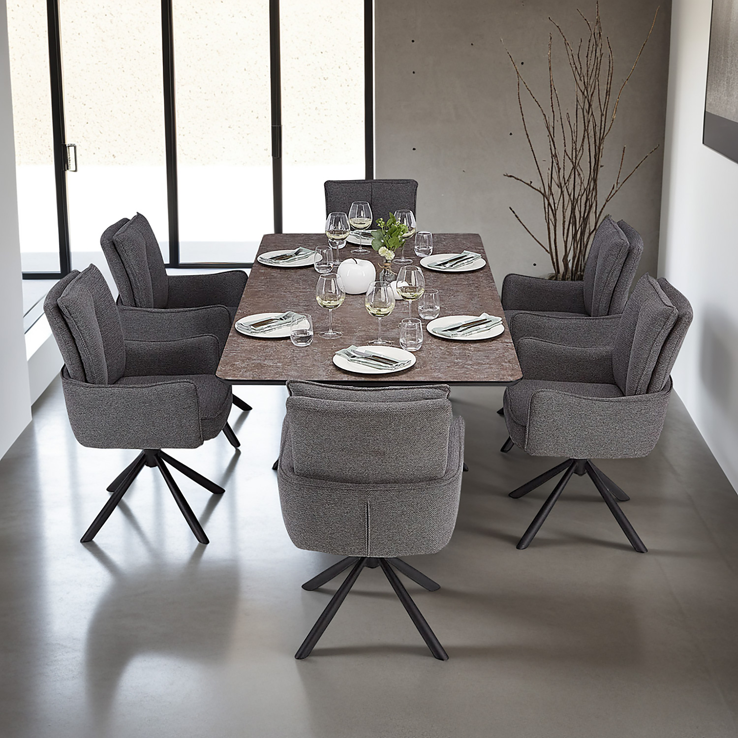 Dining set | 6-piece set upholstered chairs anthracite with armrest | swivel | dining table brown metal frame 200 x 100 cm