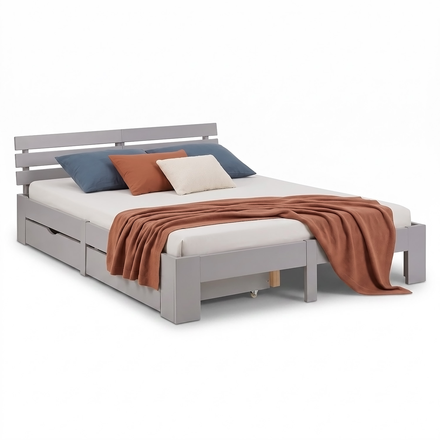 Wooden Bed 140x200 cm, Gray, with Storage Compartment & Slatted Base – Solid Wood Double Bed