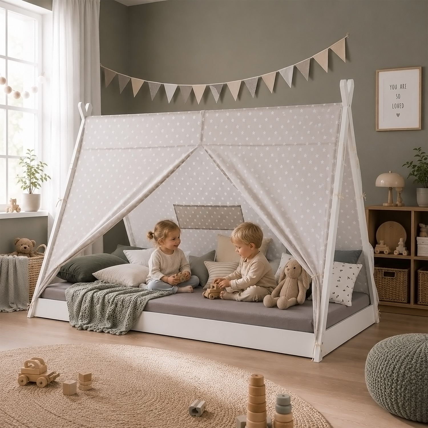 Children's Bed 90x200 cm White Gray Fabric | Tent Bed | Single Bed | with Slatted Frame | Wood
