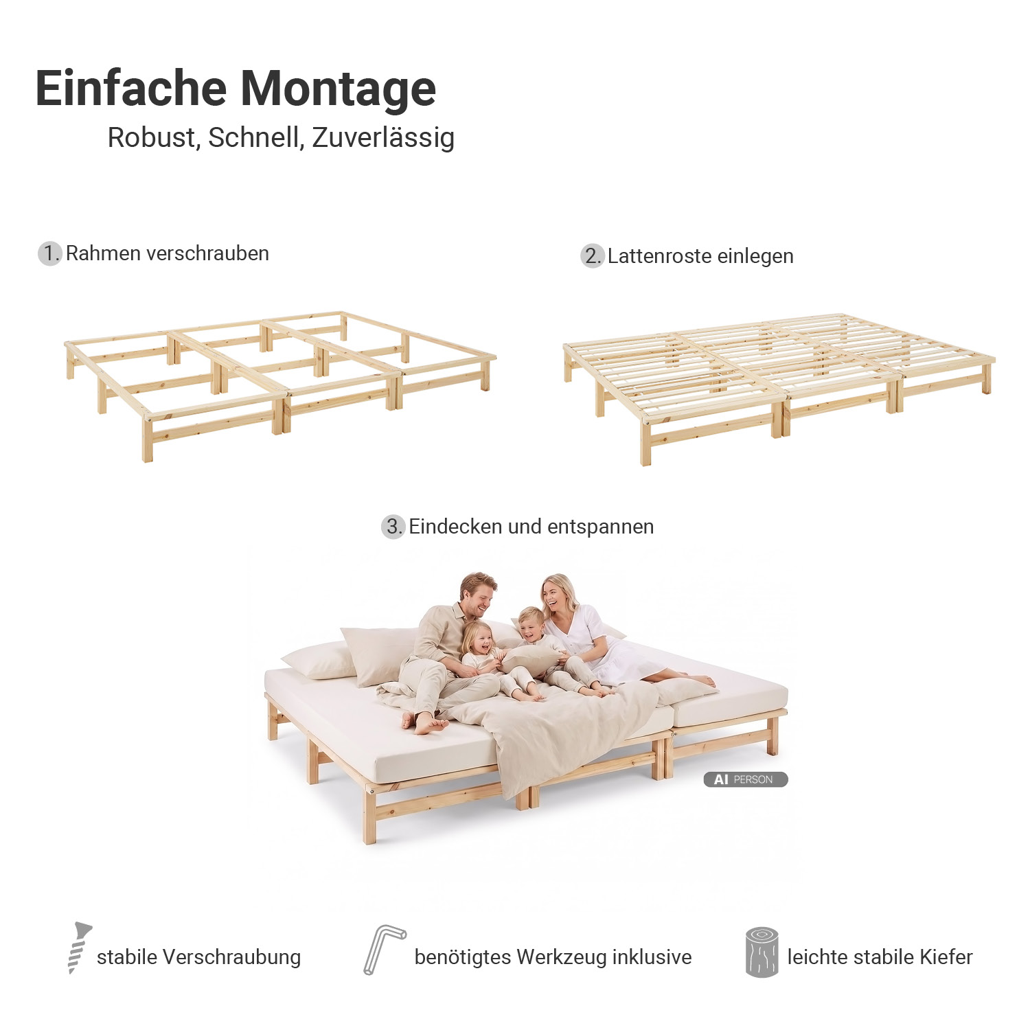 Family Bed 270x200 cm Natural | Maxi Pallet Bed XXL | with slatted frame | Wood | Can also be placed individually