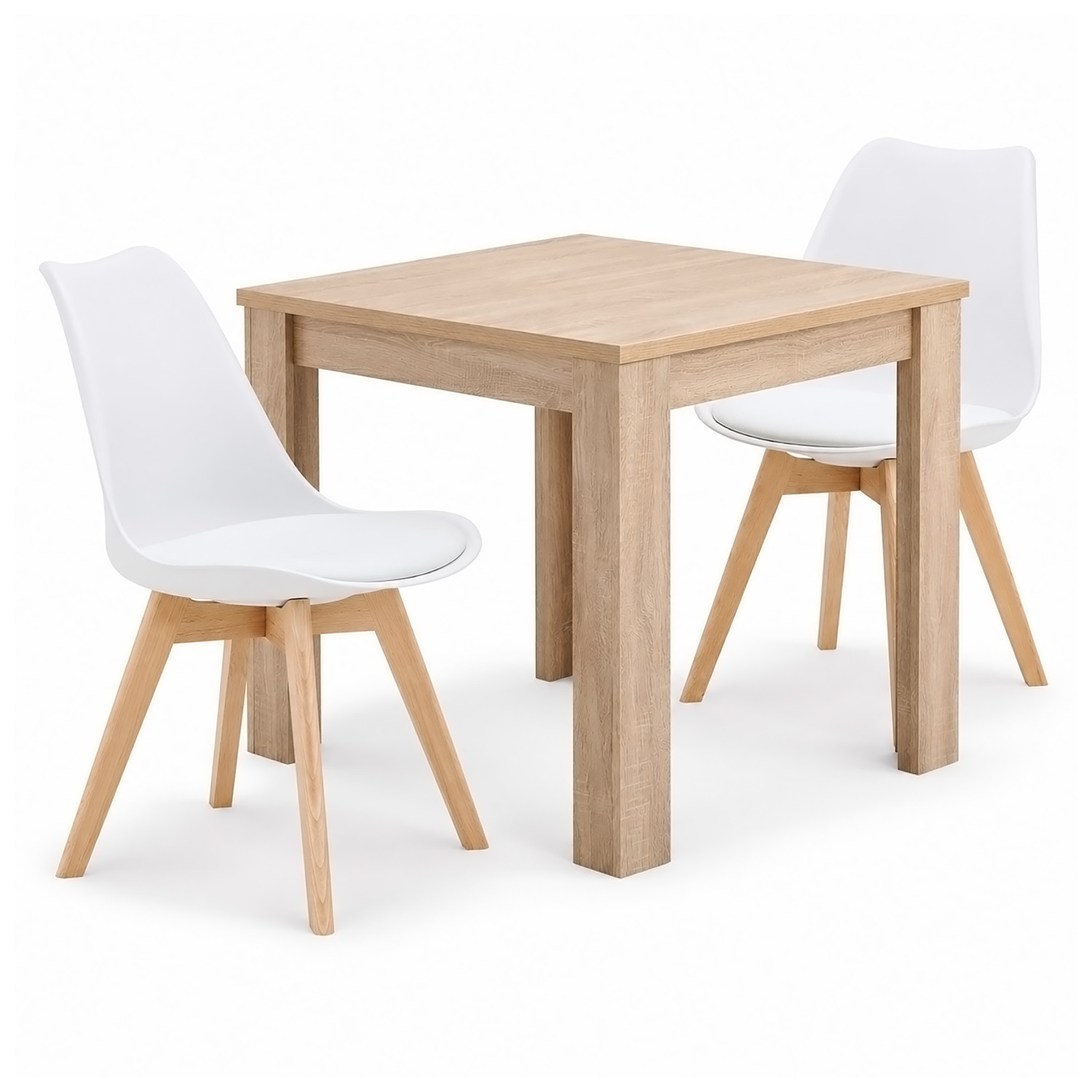 Dining Set (3-Piece): 80x80 cm oak dining table with 2 white plastic chairs and wooden legs