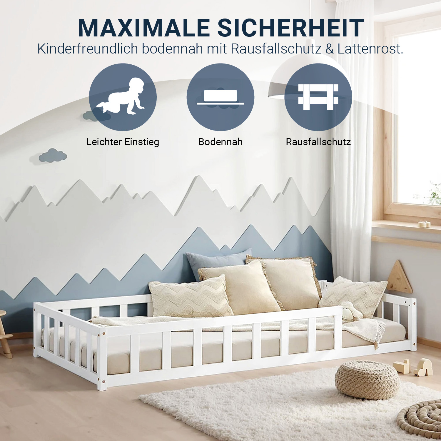 Children's Bed 90x200 White | Floor Bed with Mattress & Slatted Frame | with Fall Protection | Montessori