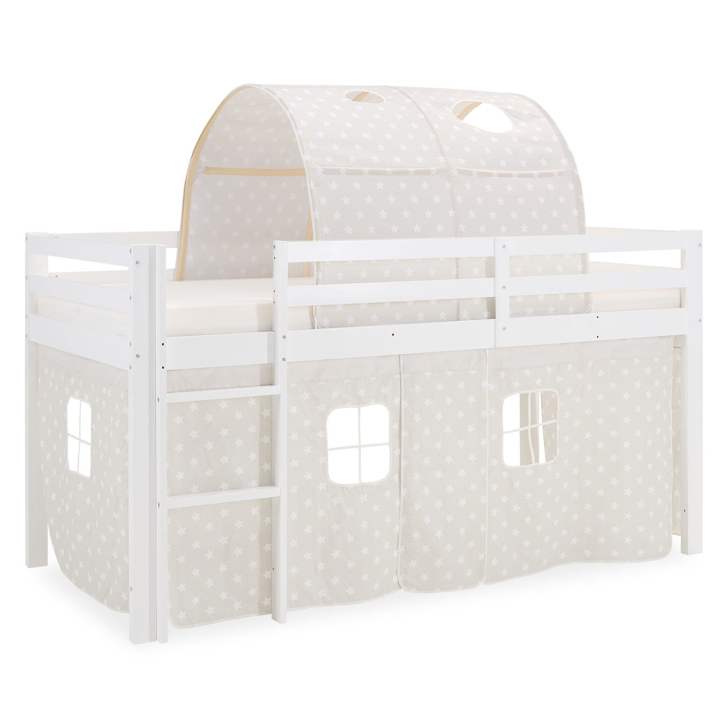 Children's Loft Bed 90x200 cm White with Star Curtain | Tunnel | Without Slatted Base