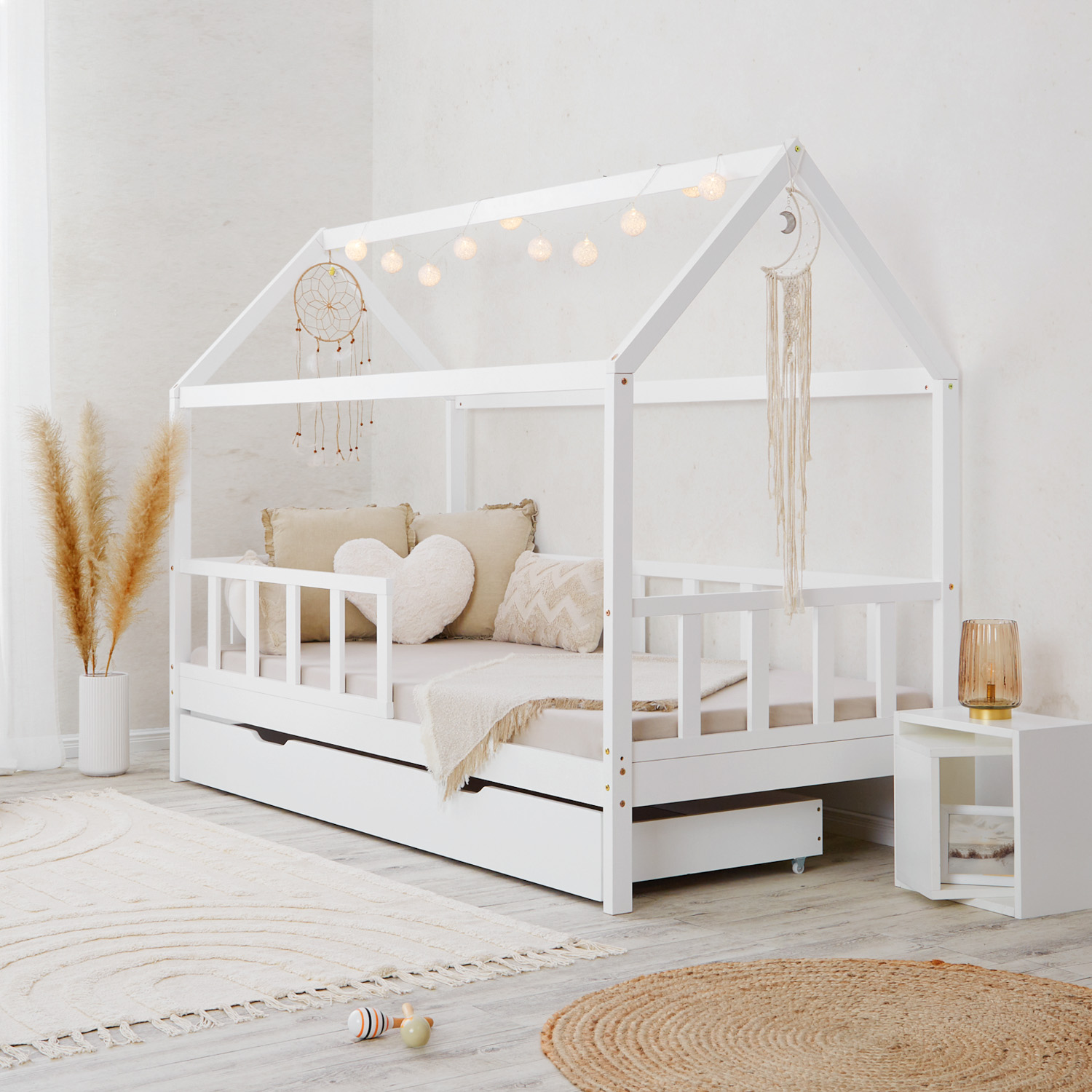 Children's Bed 90x200 cm White | House Bed with Fall Protection and Bed Drawer | Montessori | Single Bed | with Slatted Frame | Wood