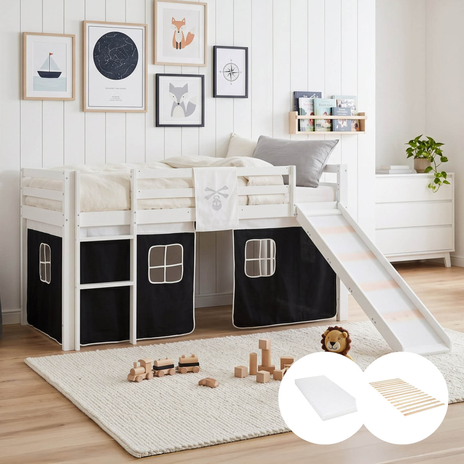 Children's Loft Bed 90x200 cm White with Black Curtain | Slide | Includes Slatted Base | Includes Mattress | Pirate | For Boys