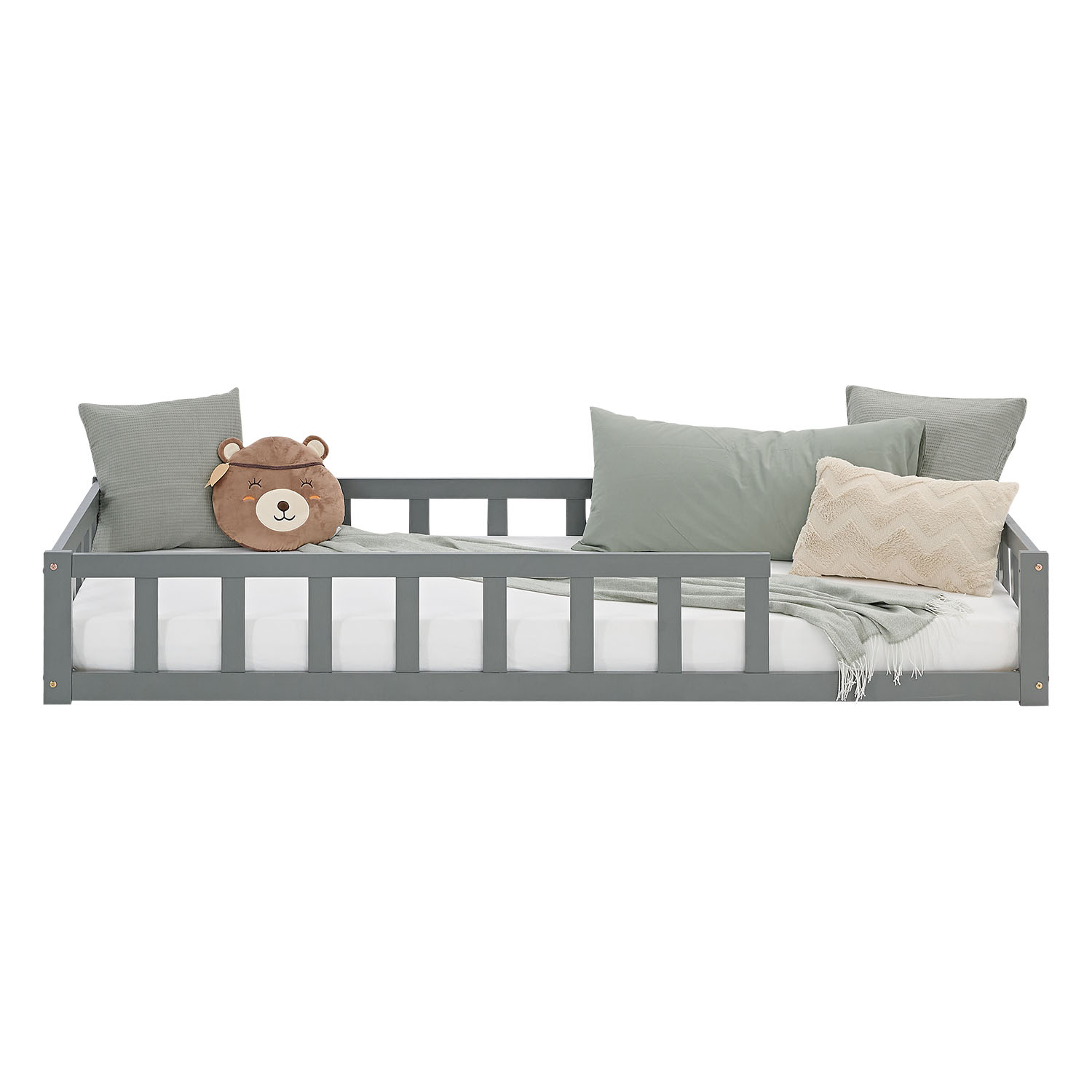 Children's Bed 90x200 Grey | Floor Bed with Mattress & Slatted Frame | with Fall Protection | Montessori
