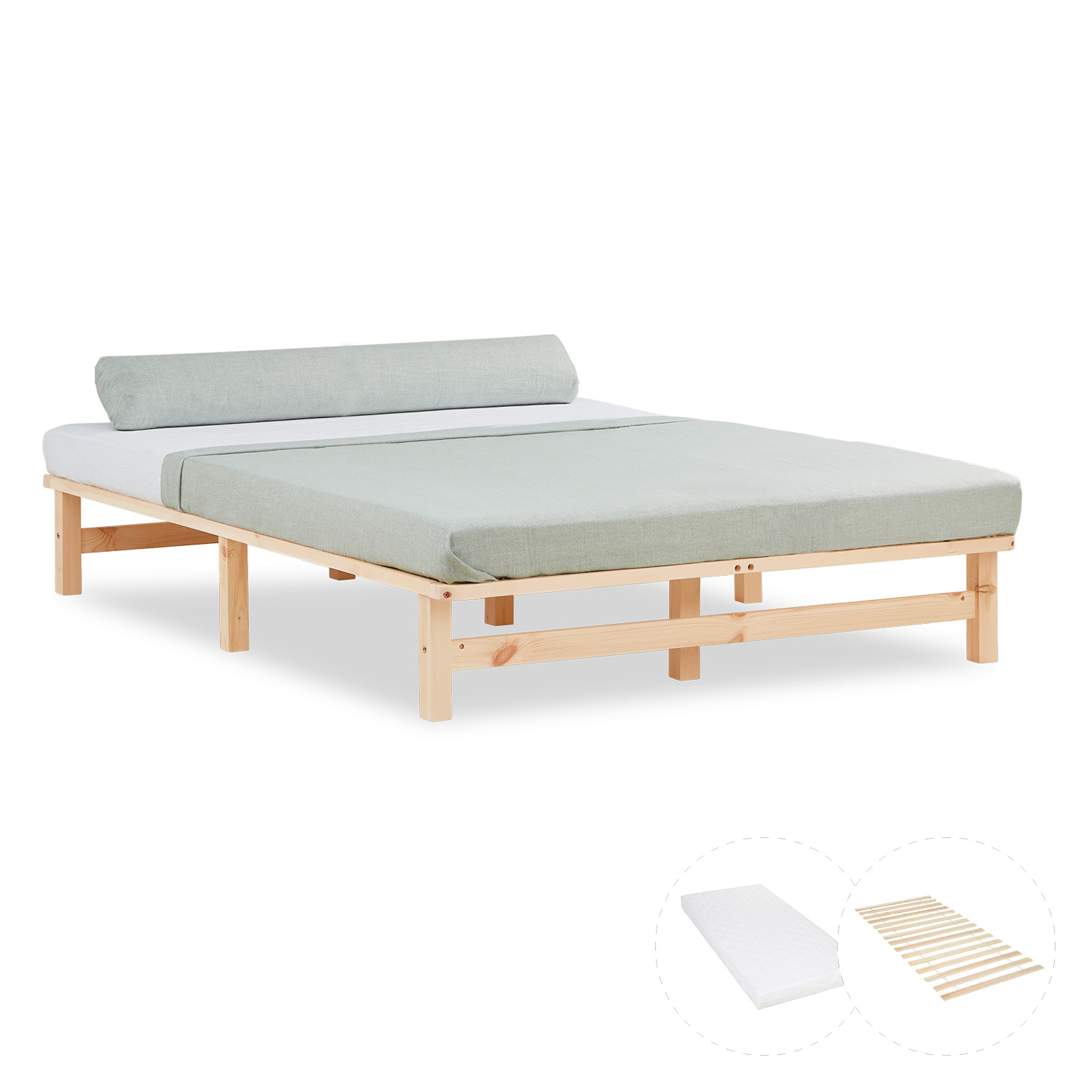 Pallet Bed 140x200 cm Natural | Double Bed with Mattress | with Slatted Frame | Wood | Kids Youth Guest Bedroom