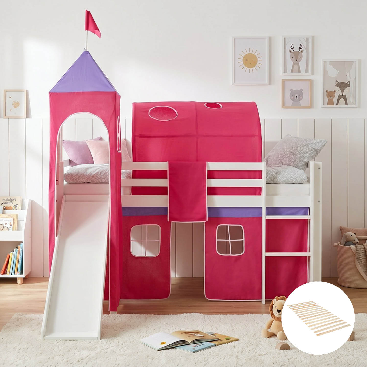 Children's Loft Bed 90x200 cm White with Pink Curtain | Tunnel | Tower | Slide | with Slatted Base