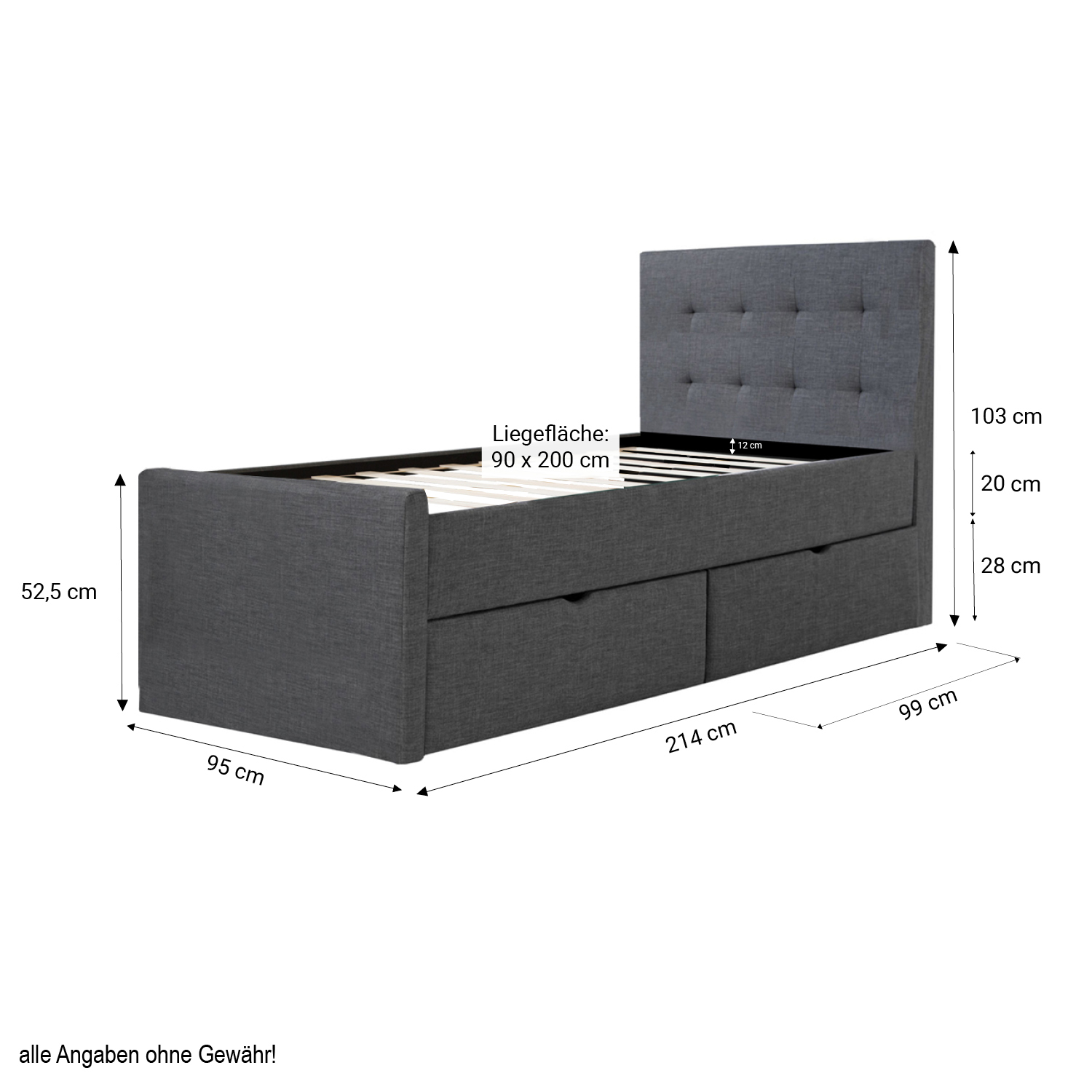Upholstered Bed 90 120 140 160 180 x 200 cm Double Bed Fabric Bedstead Slatted Frame Anthracite