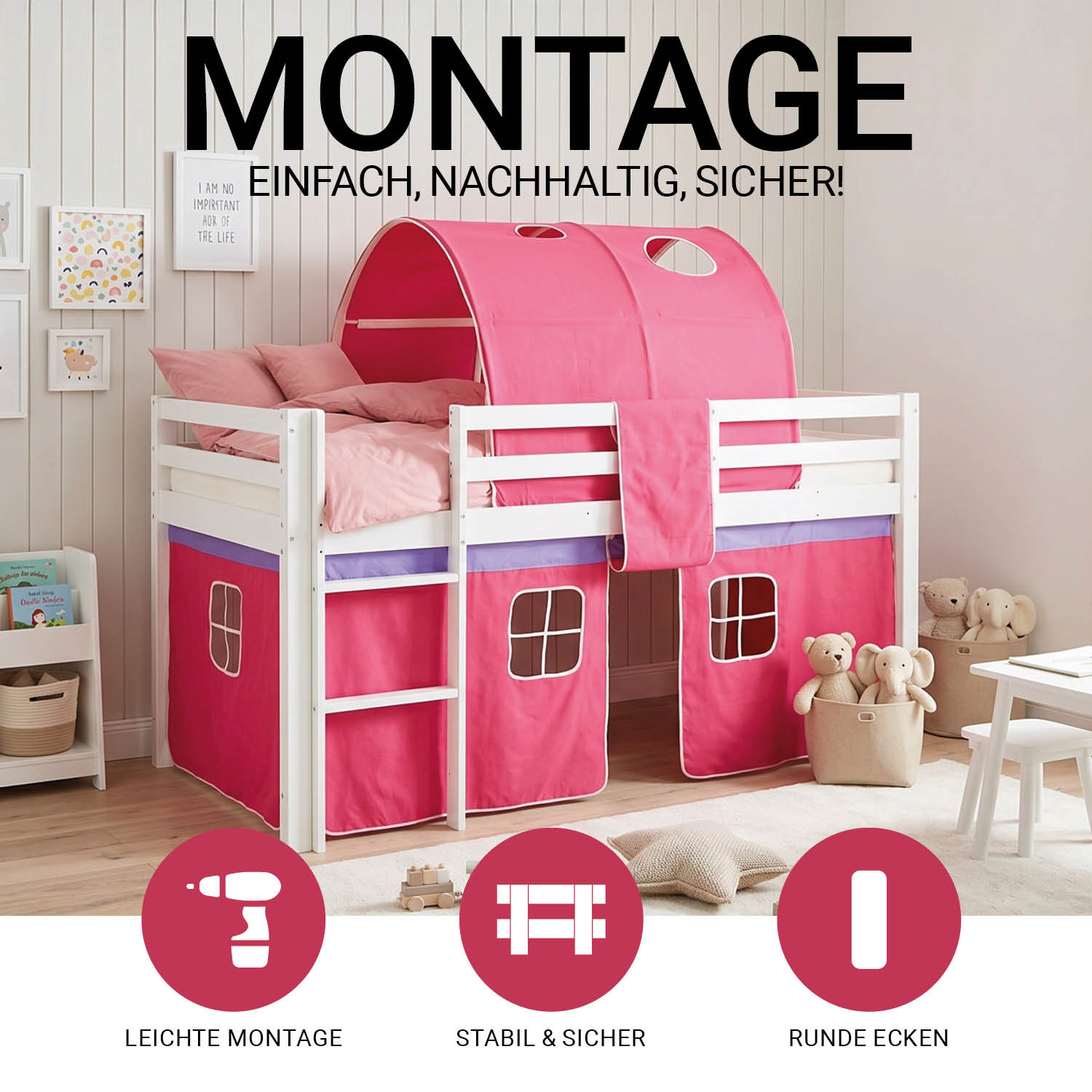 Loft Bed Kids 90x200 cm White with Curtain in Pink | Tunnel | without Slatted Frame