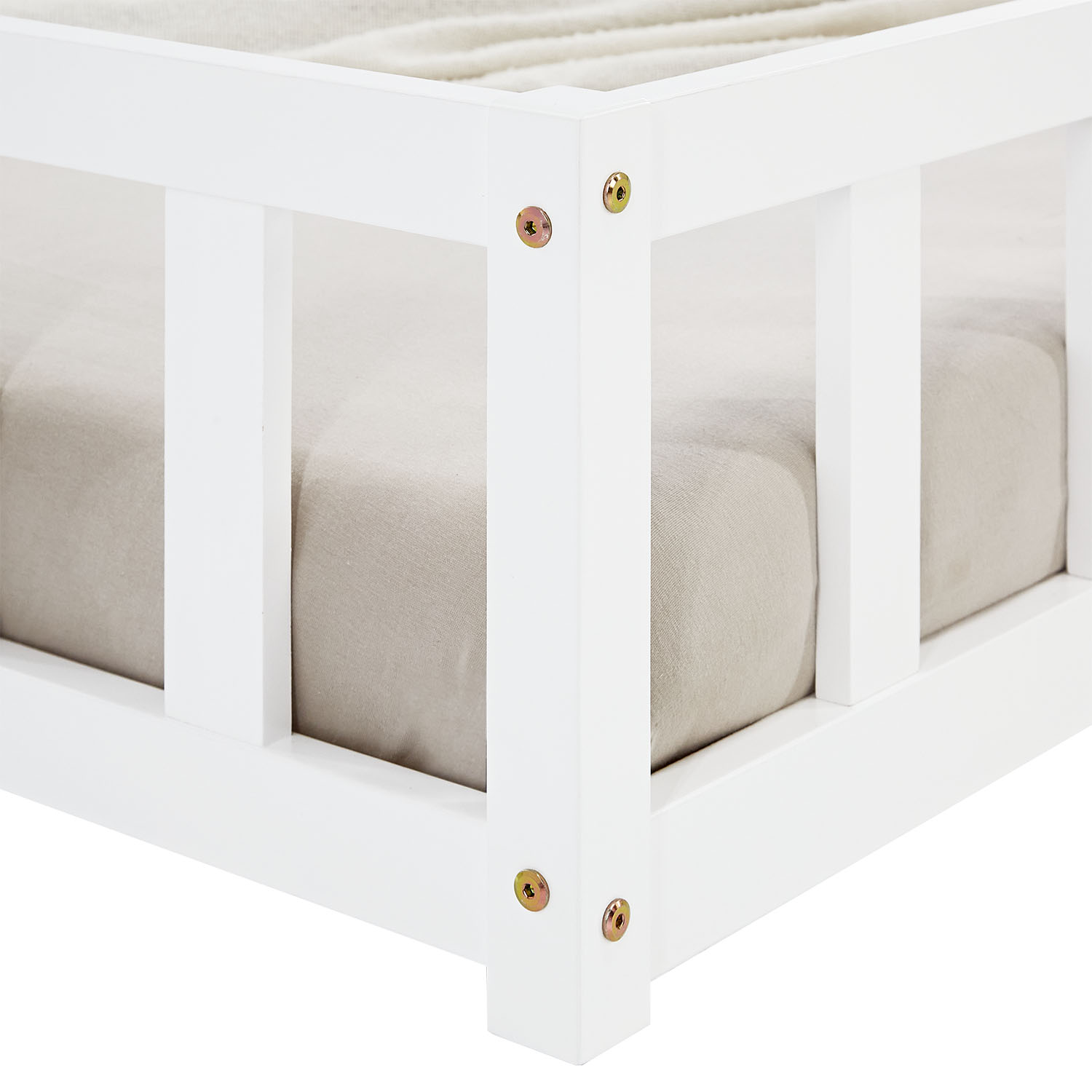Children's Bed 90x200 White | Floor Bed with Mattress & Slatted Frame | with Fall Protection | Montessori