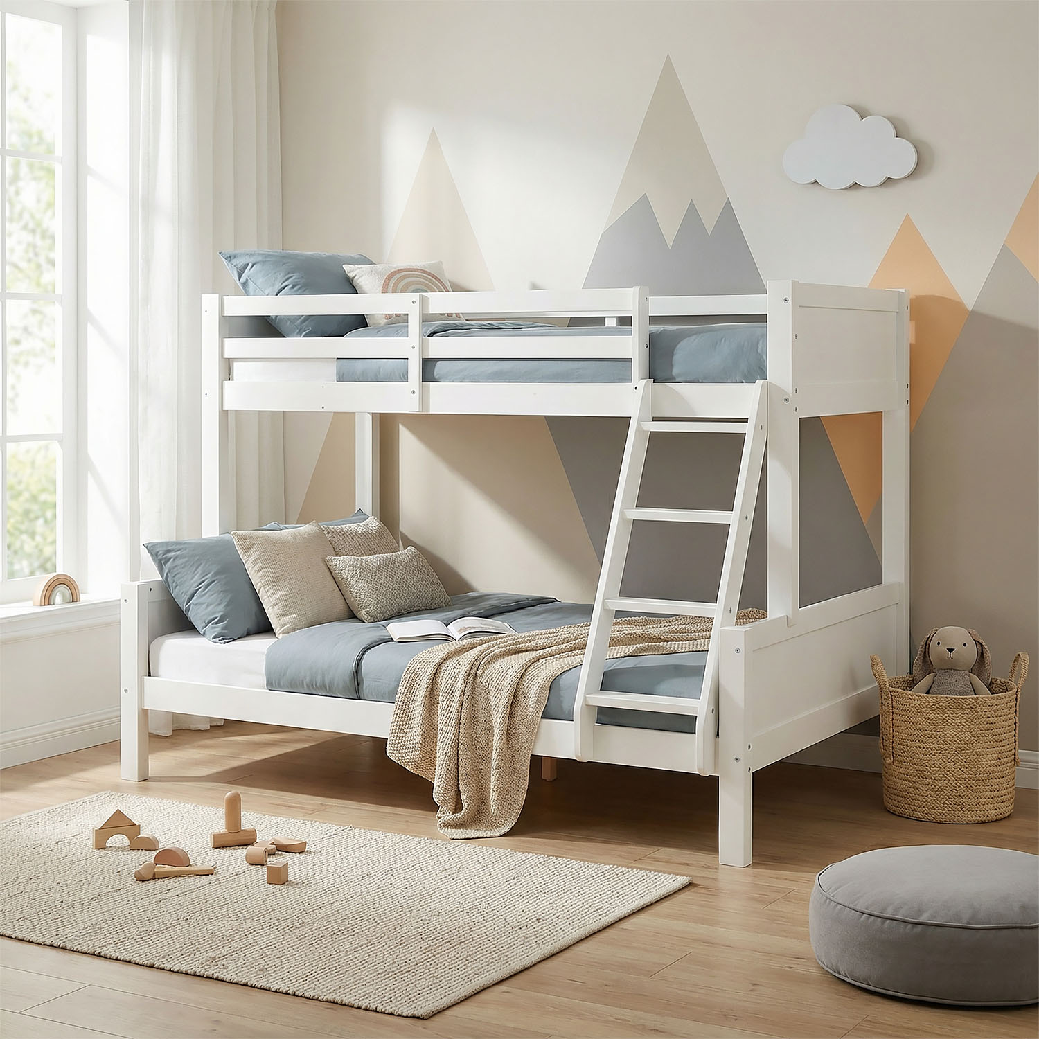 Bunk Bed Kids Bed 90x200 and 140x200 cm White Grey 2 Mattresses Wood Cabin Bed High Sleeper Bed Loft Bed Childrens Bed Twin Bed Drawer