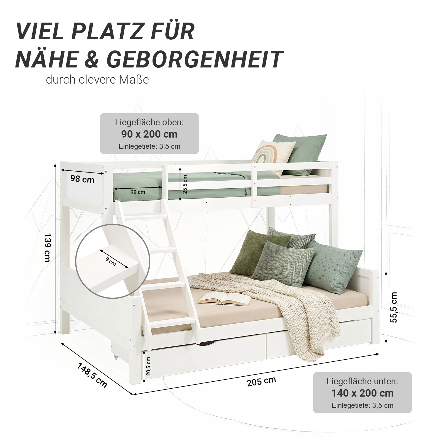 White Wooden Bunk Bed for Kids & Teens, 90x200 cm & 140x200 cm, with 2 Underbed Drawers and 2 Mattresses
