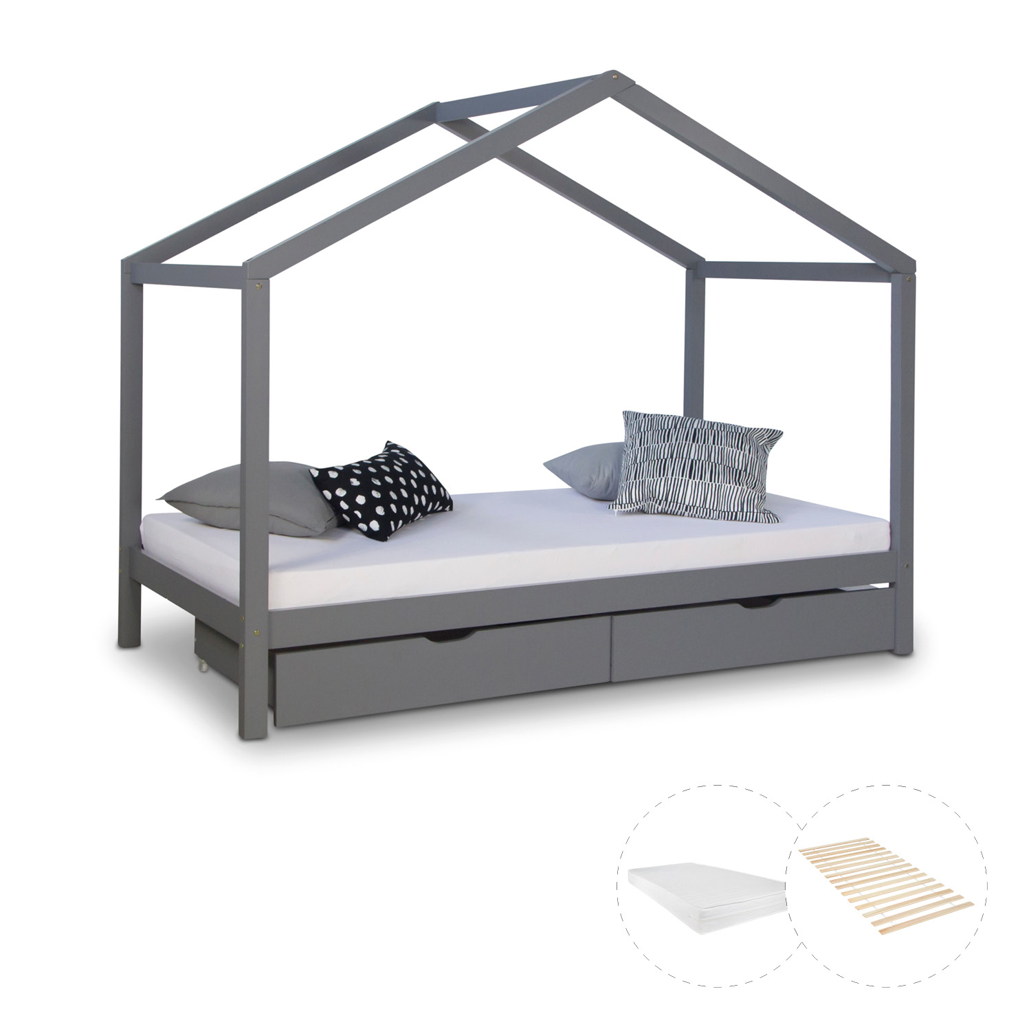 Children's Bed with mattress 90x200 House Bed Kids Bed Wooden Bed Grey Cot Drawer