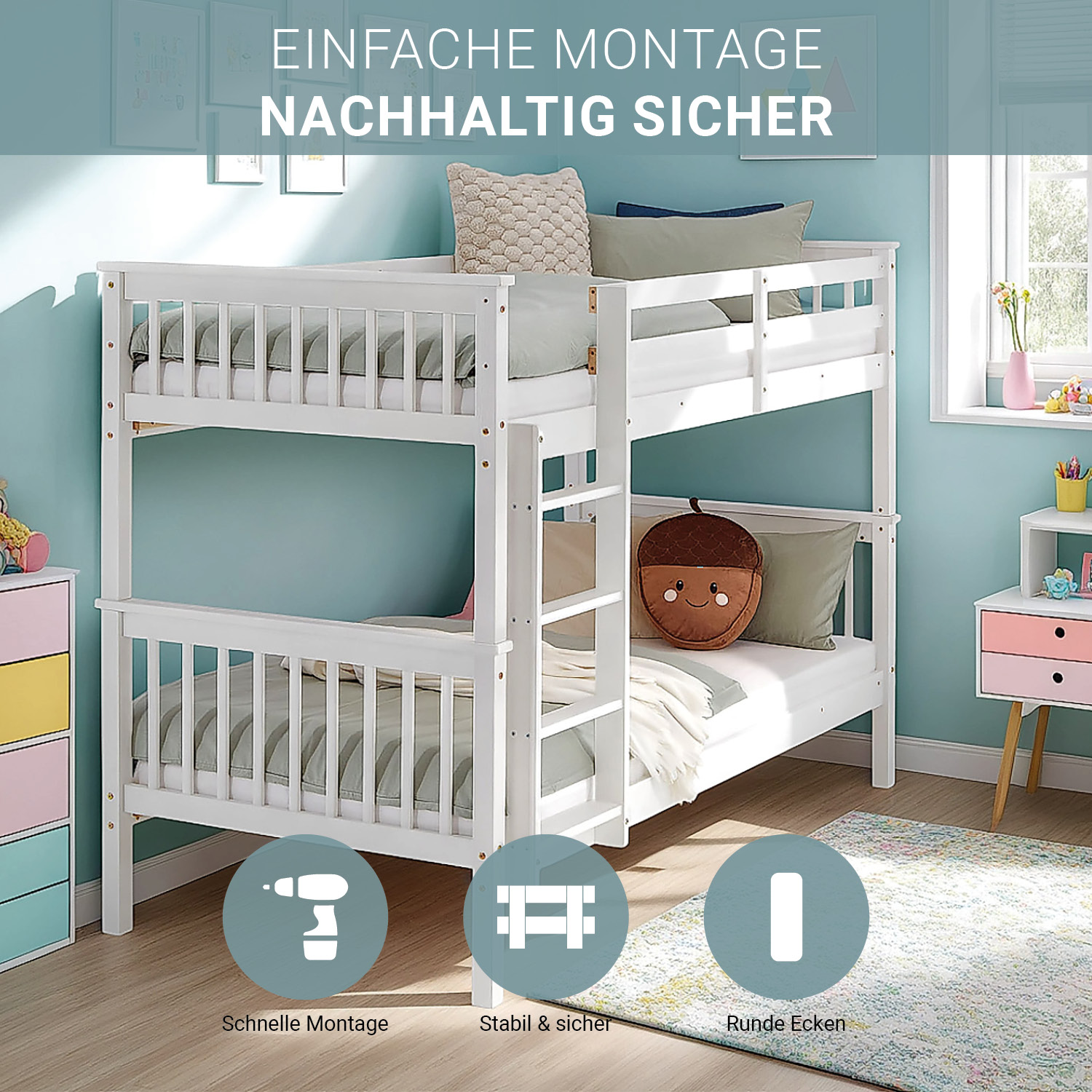 Bunk Bed 90x200 cm White | Kids Bed with Slatted Frame | Fall Protection | Convertible | Massif pine wood