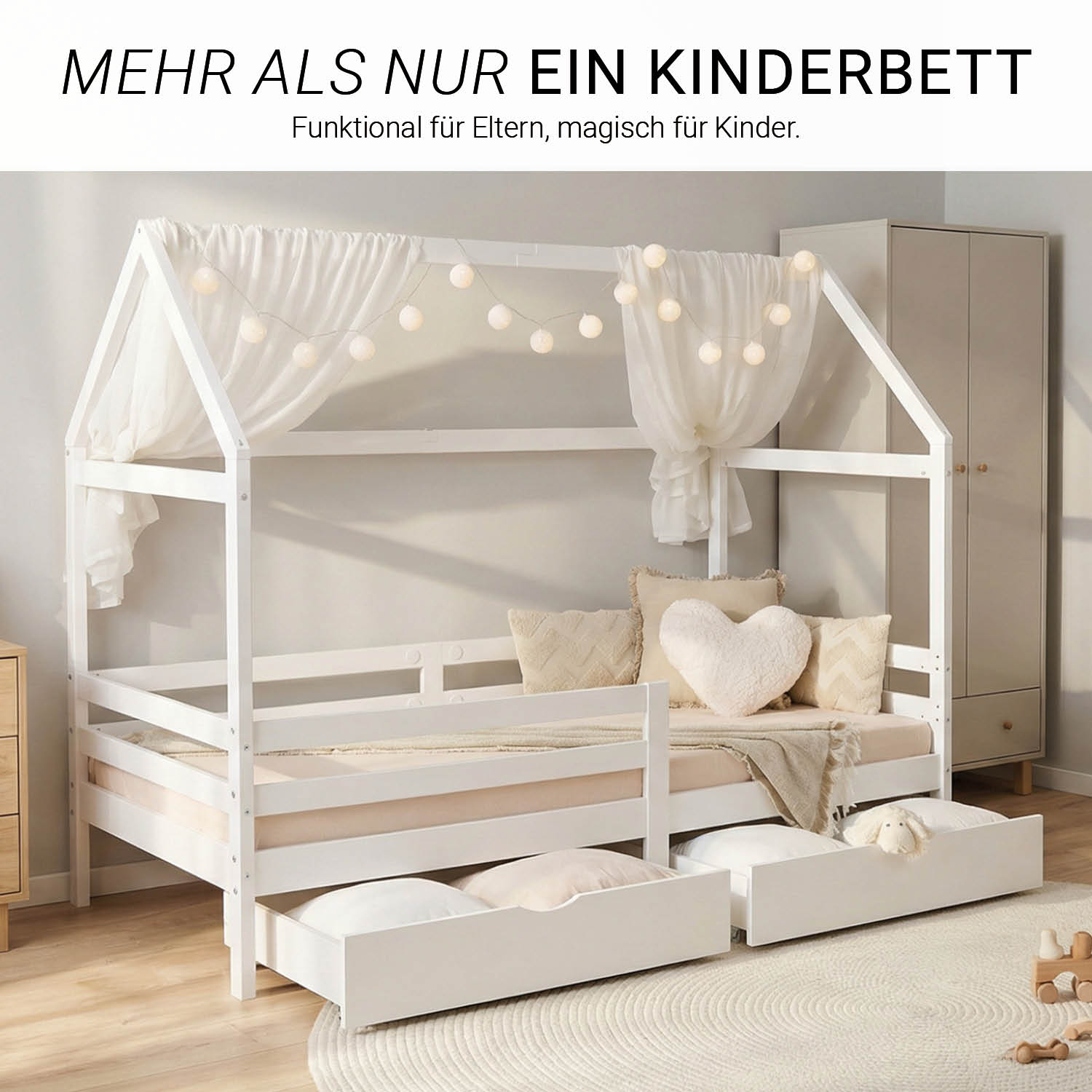 Children's Bed 90x200 cm White | House Bed with Fall Protection and Bed Drawer | Montessori | Single Bed | with Slatted Frame | Wood