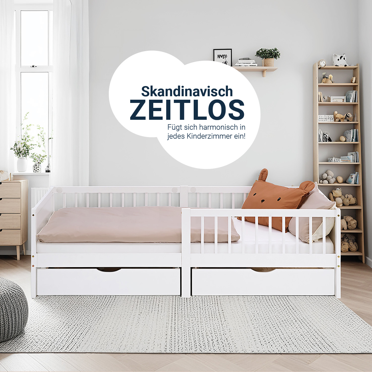 Children's Bed 90x200 cm White Natural | Wooden bed with 2 drawers | Single Bed | with Slatted Frame | Fall Protection