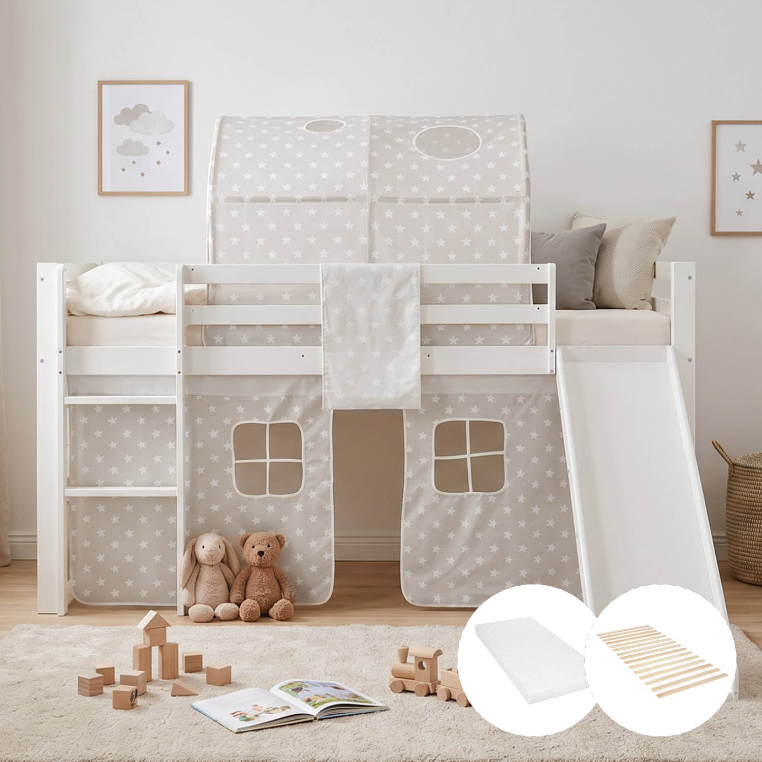Children's Loft Bed 90x200 cm White with Star Curtain | Tunnel | Slide | Includes Slatted Base | Includes Mattress