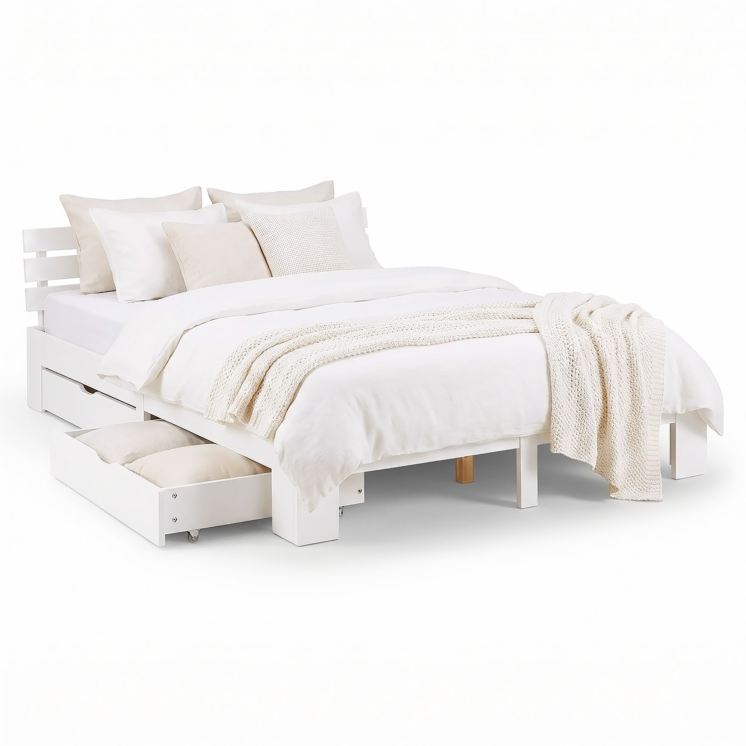 Wood Bed 140x200 cm White | Double Bed with Storage Drawer | with Slatted Frame | Solid | Kids Youth Guest Bedroom